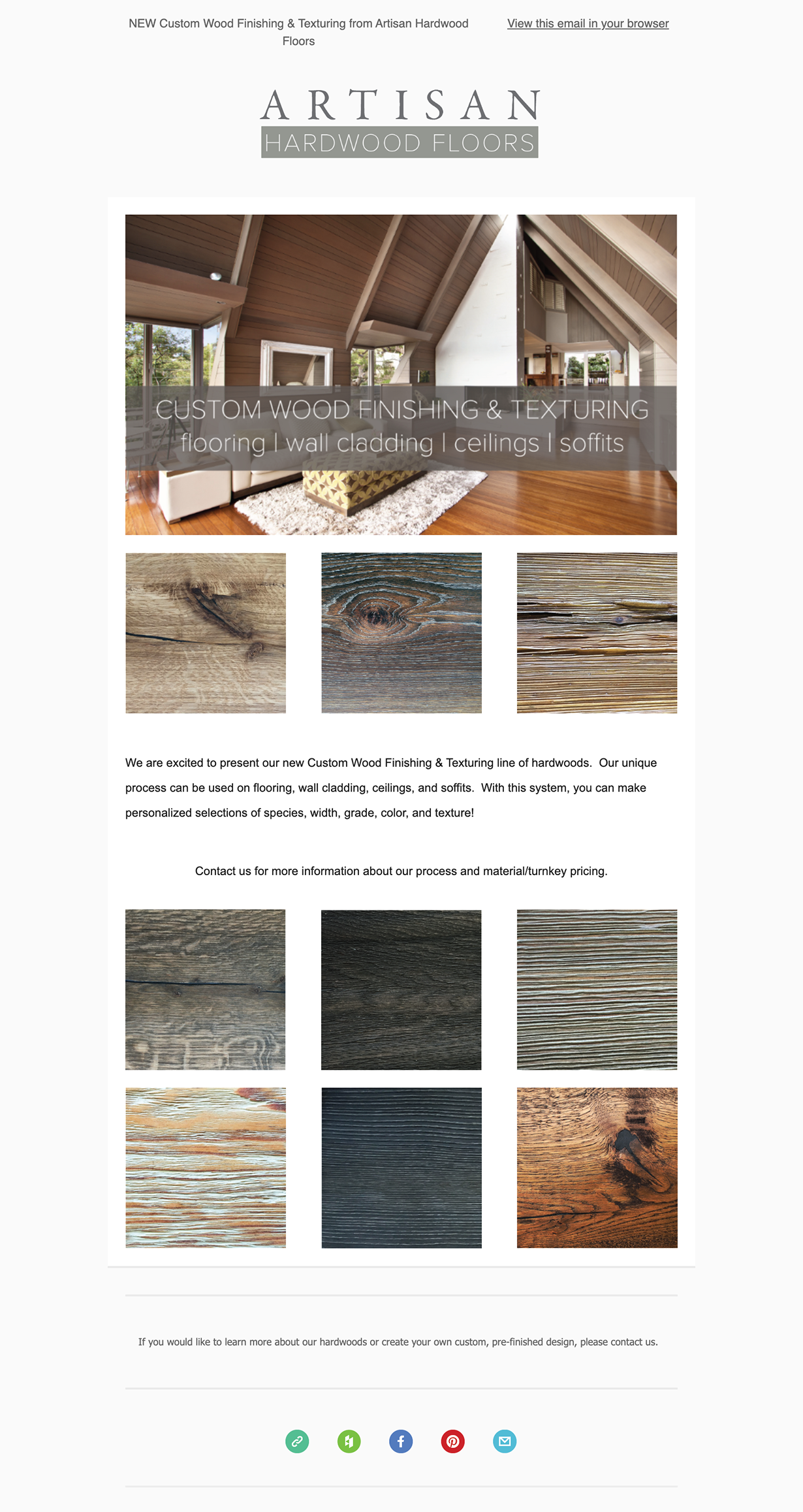 A webpage for Artisan Hardwood Floors showcasing custom wood finishing and texturing options, with images of different wood textures and a room interior with hardwood flooring.