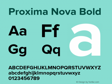 Sample of Proxima Nova Bold font displaying uppercase and lowercase letters, digits, and the font's design.