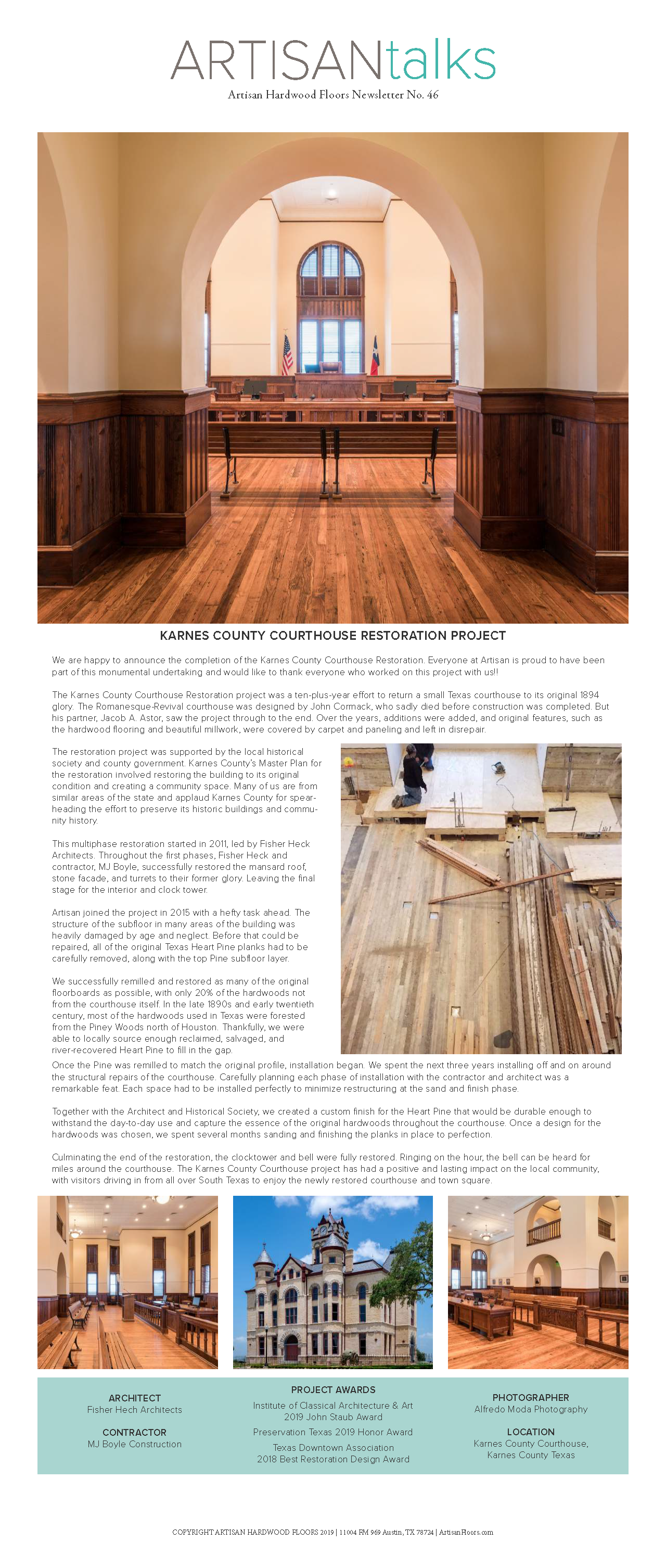 Newsletter page about the Karnes County Courthouse restoration project featuring text and three images of the courthouse interior and exterior.