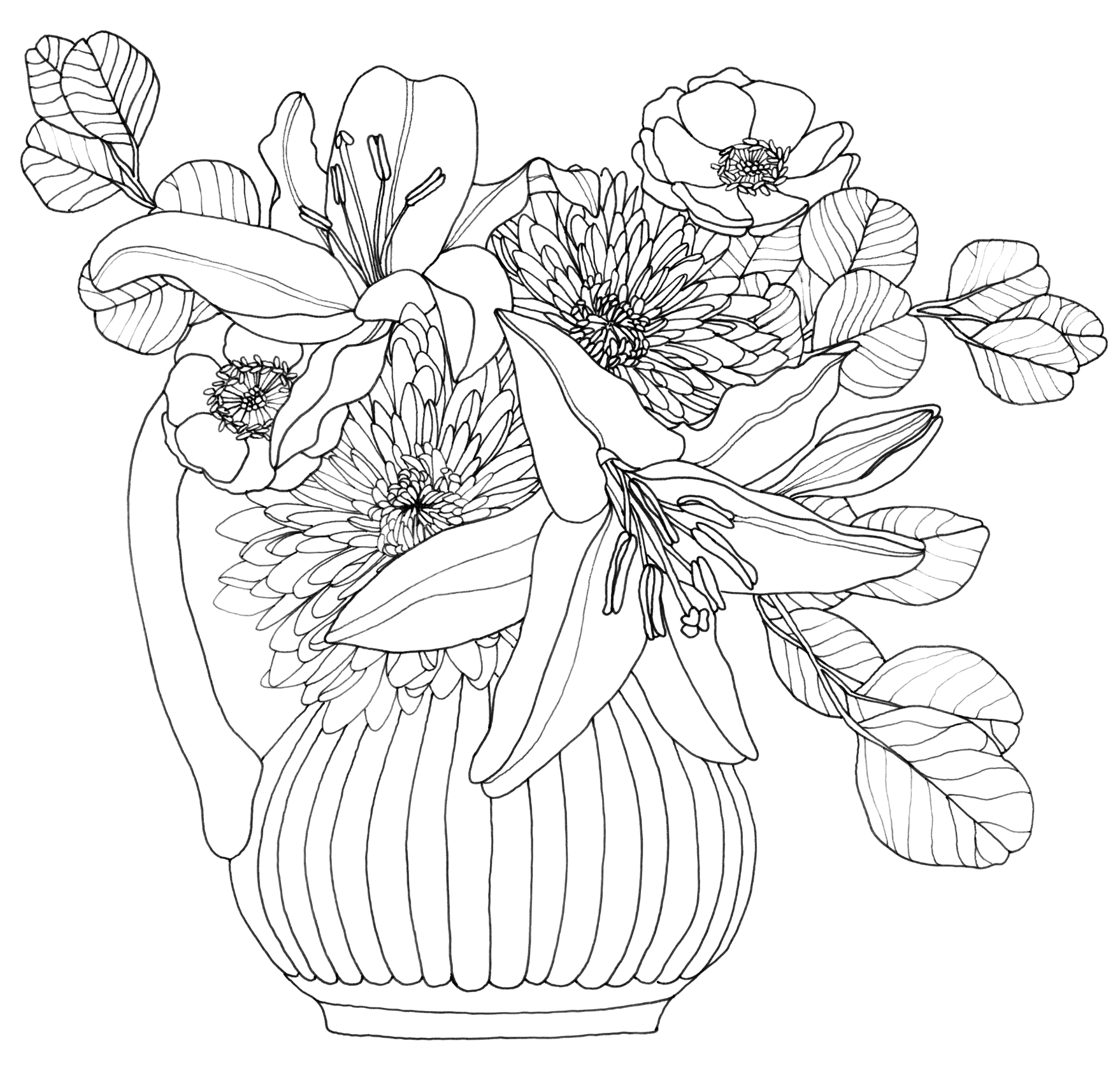Black and white line drawing of a flower arrangement in a round vase, featuring various flowers and leaves.