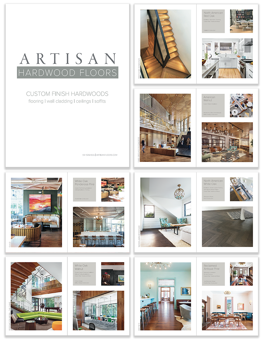 Brochure for Artisan Hardwood Floors showing various hardwood flooring styles and interior room images.
