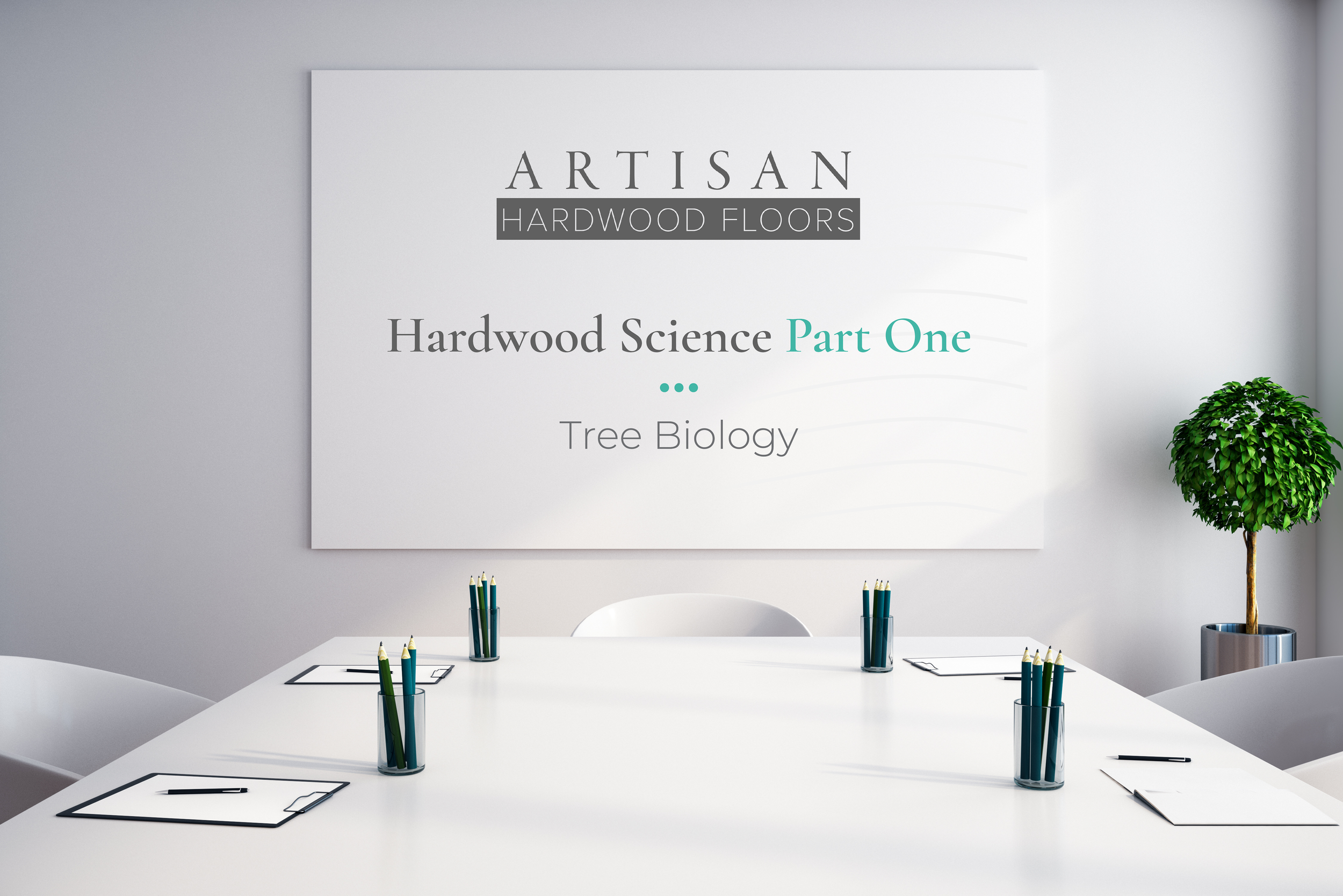 Conference table with slide show of hardwood science education up on the screen.