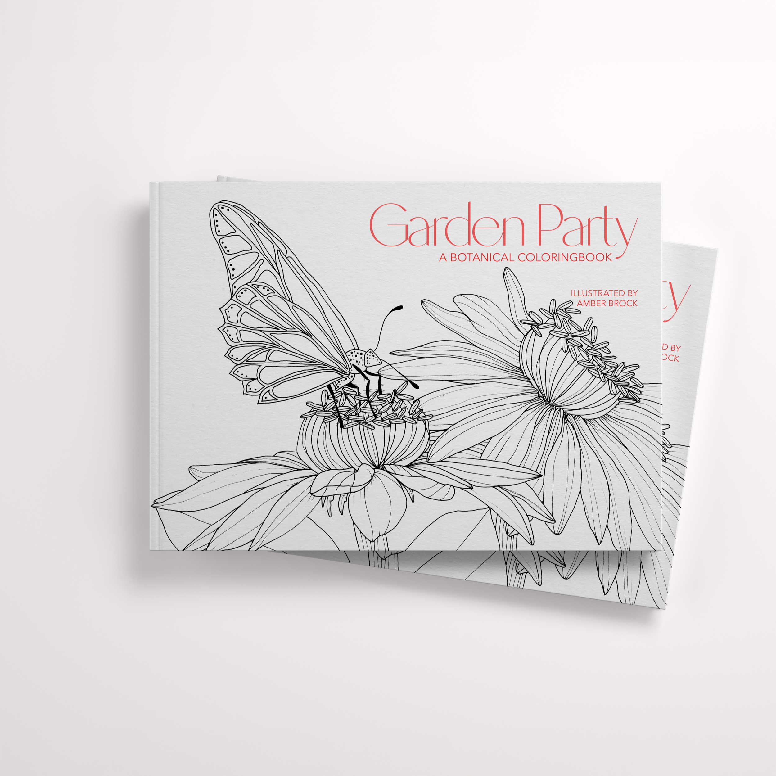 Page from a botanical coloring book featuring line art of a butterfly and flowers, with the title 'Garden Party' and subtitle 'A Botanical Coloring Book'.