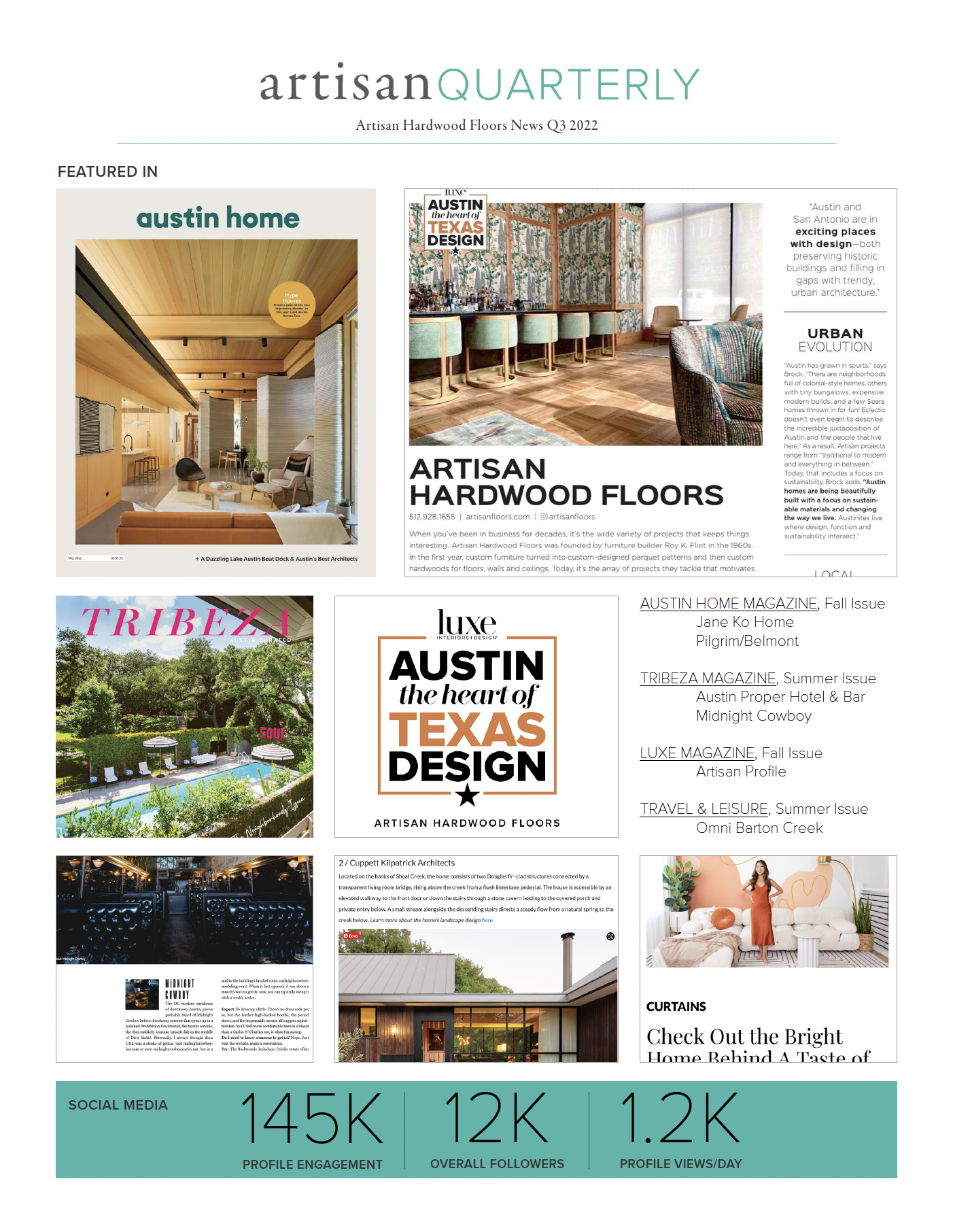 A magazine page featuring articles and images about hardwood floors, interior design, and home renovation. It includes magazine titles, a photo of a modern living room, and a poolside scene, with social media engagement statistics at the bottom.