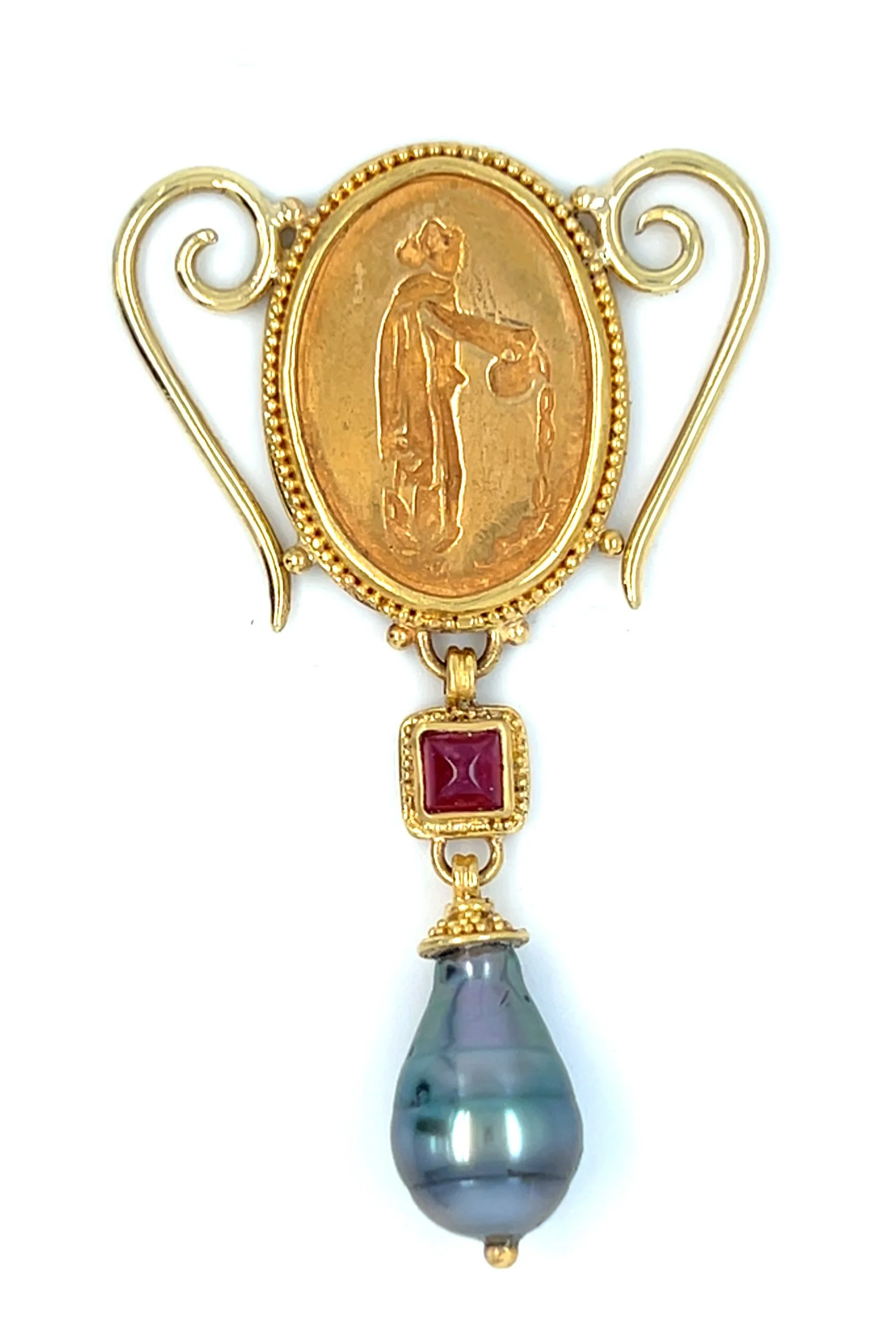 Gold Coin, Ruby and Pearl Pendant