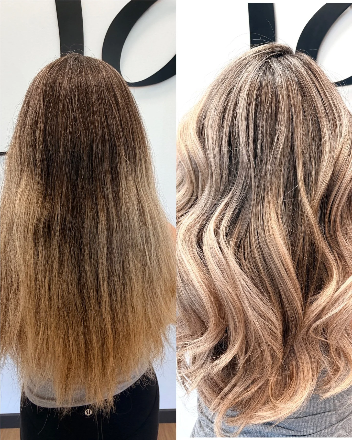 Before and after blonde dimensional color transformation by Joy Marsh at Capital LuXe Studios in Alexandria, Virginia