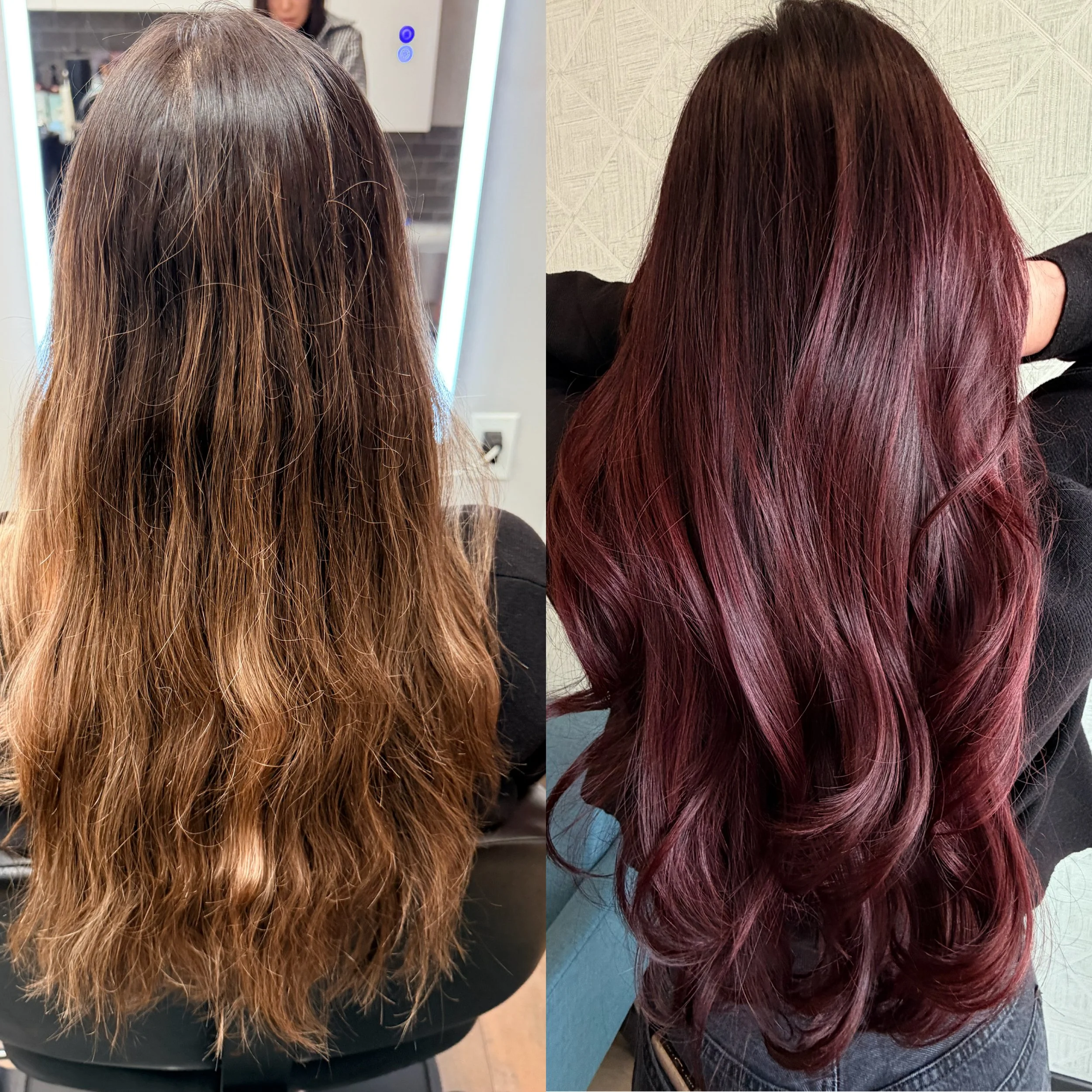 Before and after burgundy dimensional hair color transformation by Joy Marsh at Capital LuXe Studios in Alexandria, Virginia