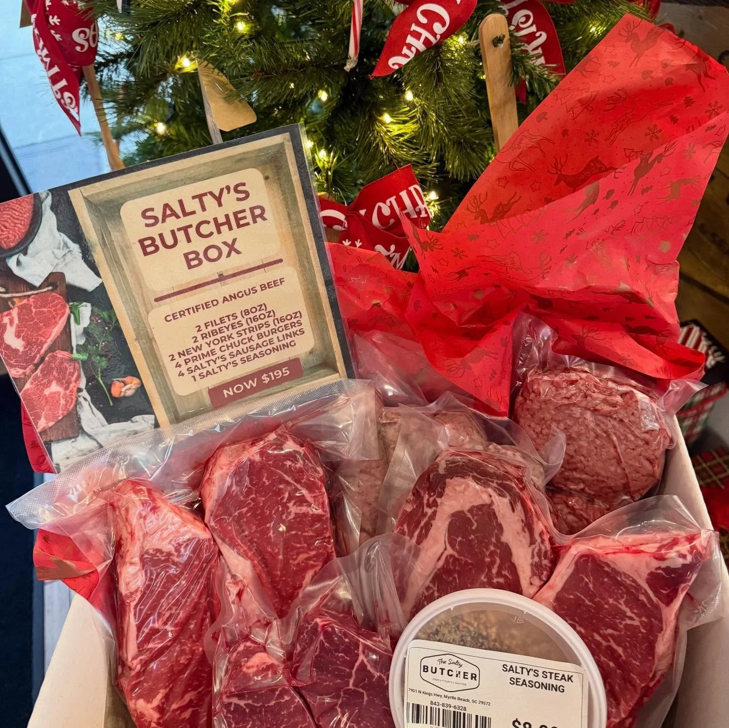Holiday gifting made simple! 🎁 

The Salty&rsquo;s Butcher Box is packed with Certified Angus Beef favorites &mdash; filets, NY strips, burgers, sausage &amp; seasoning. A perfect holiday gift for $195!

#thesaltybutcher #saltybutchermb #localbusine