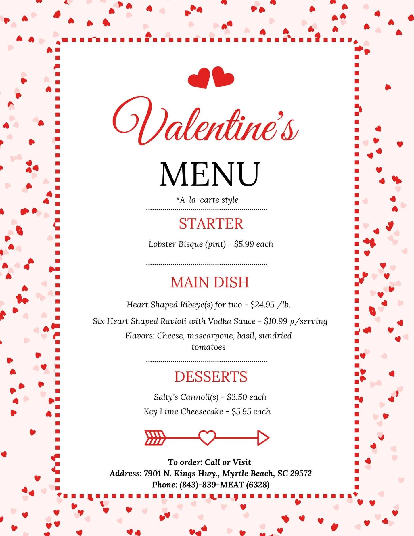 Love is in the air and on the menu! ❤️ Give us a call or stop by to place your Valentine&rsquo;s Day order! 

#thesaltybutchermb #localbutcher #valentinesday #shoplocal  #myrtlebeach