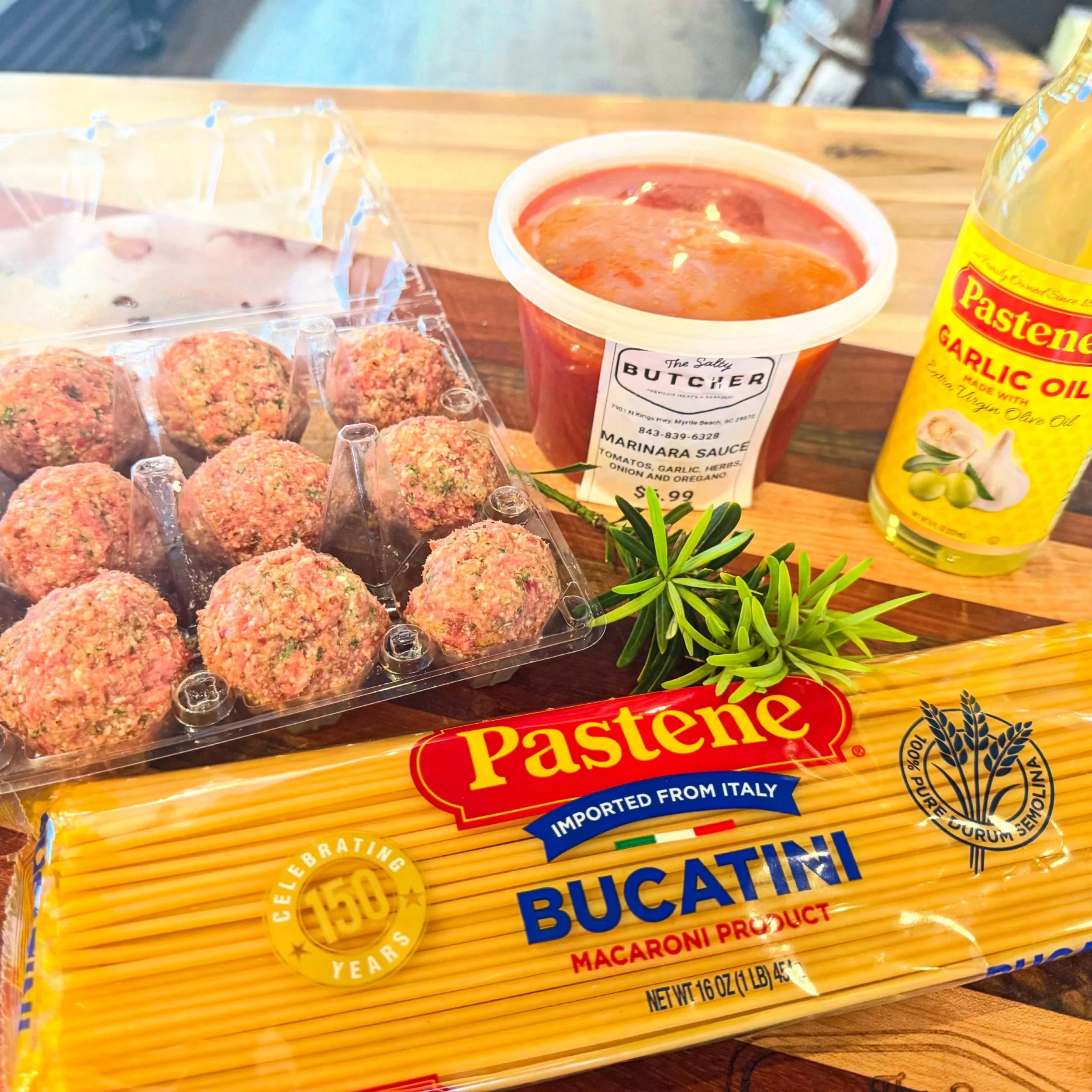 Monday mood: let&rsquo;s make dinner simple! Pick up some fresh meatballs, homemade marinara, and Bucatini to start the week off, right! 

#thesaltybutcher #thesaltybutchermb #shoplocal #butchershop #myrtlebeach