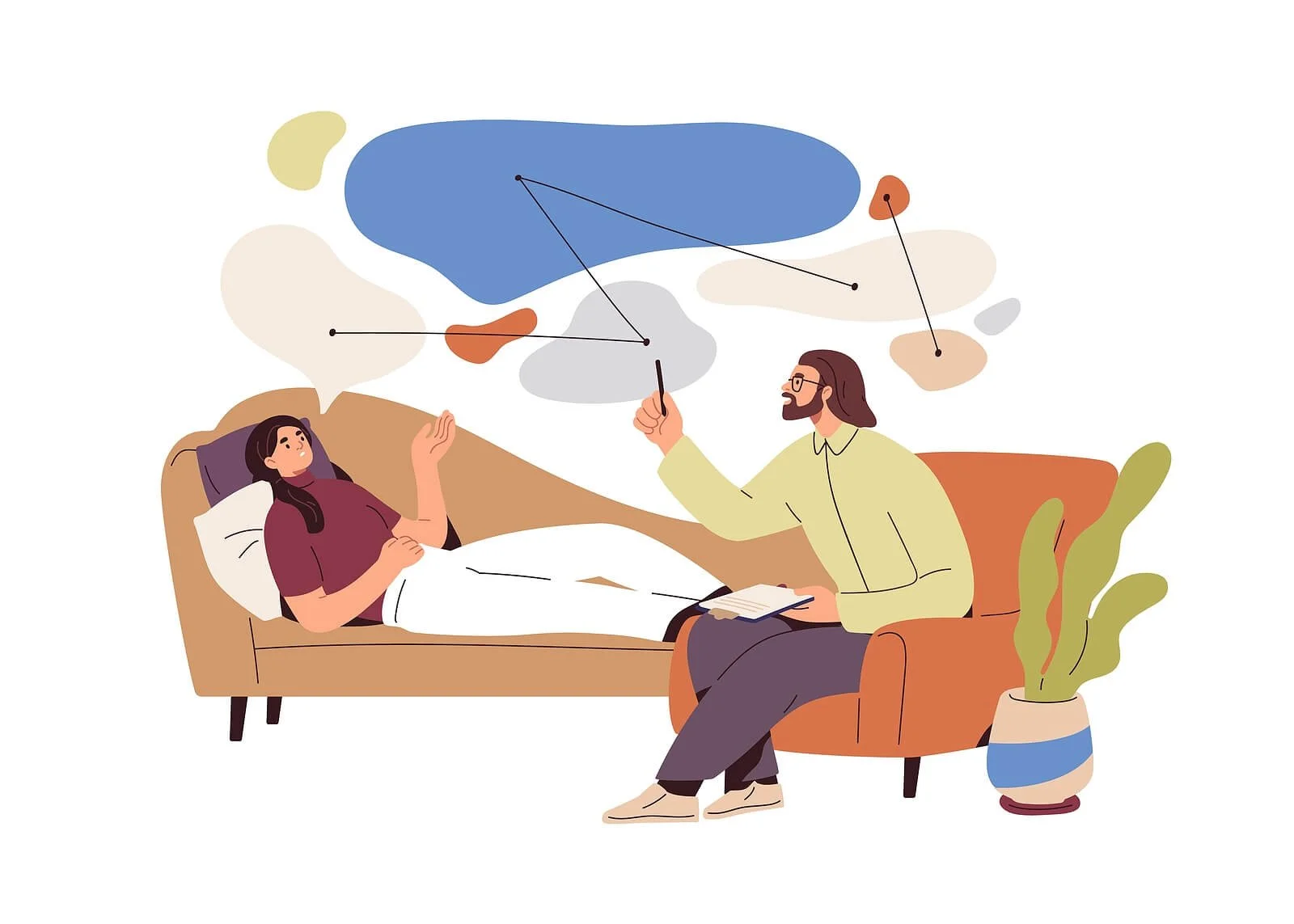 A therapist sitting talking to a client on the couch while explaining the CBT process. Individual therapy in Washington, DC & CBT can help young professionals find relief from burnout. Break free from stress today!