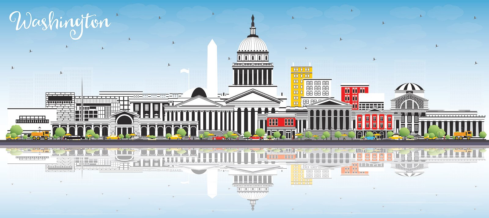 An illustration of Washington's landmarks. Representing how individual therapy in Washington, DC can help busy professionals in the city with burnout, chronic stress & more.