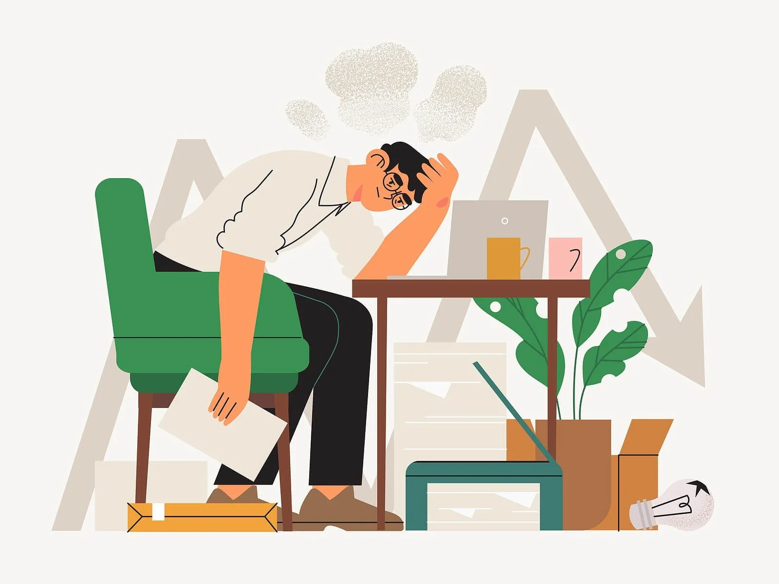 A young professional illustration falling asleep at his desk. Representing how burnout affects young professionals. CBT therapy in Washington, DC can help you find relief from stress.