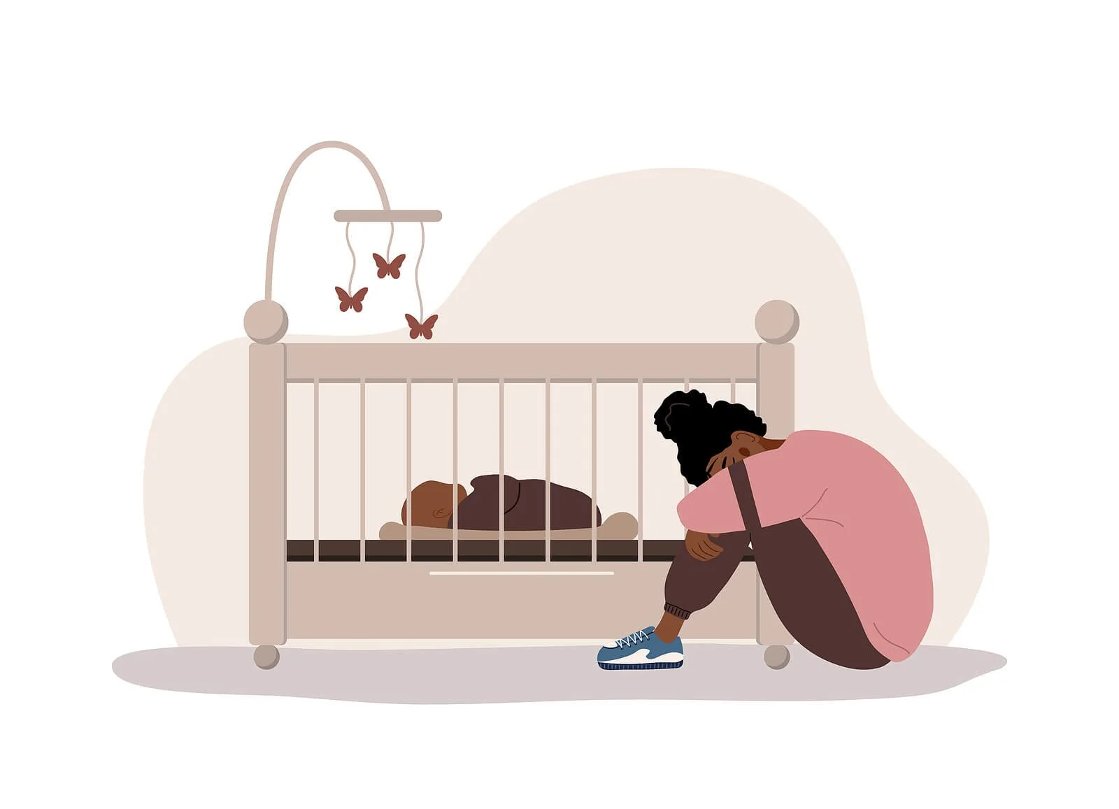 An illustration of a Black mother sitting alone by a crib. Discover how a therapist in Washington, DC can help you navigate postpartum depression & anxiety. Read more here.