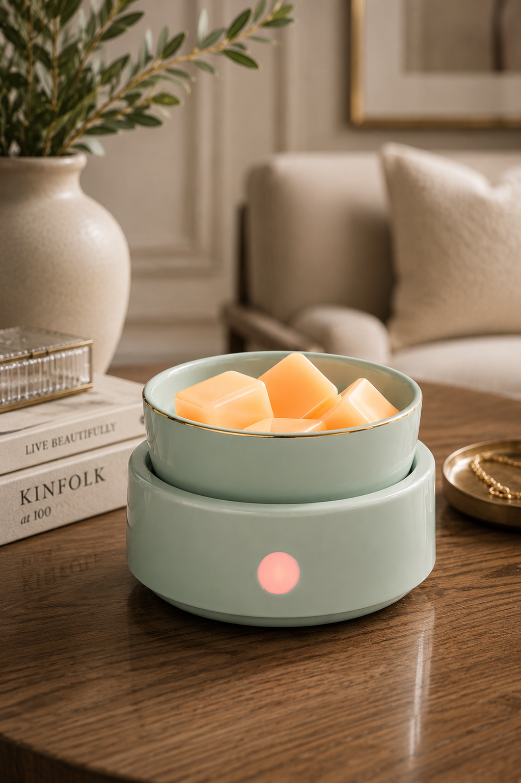 A candle warmer with several peach-colored candles, placed on a wooden table in a cozy living room setting with a beige sofa, decorative pillows, a large vase with greenery, and stacked books.