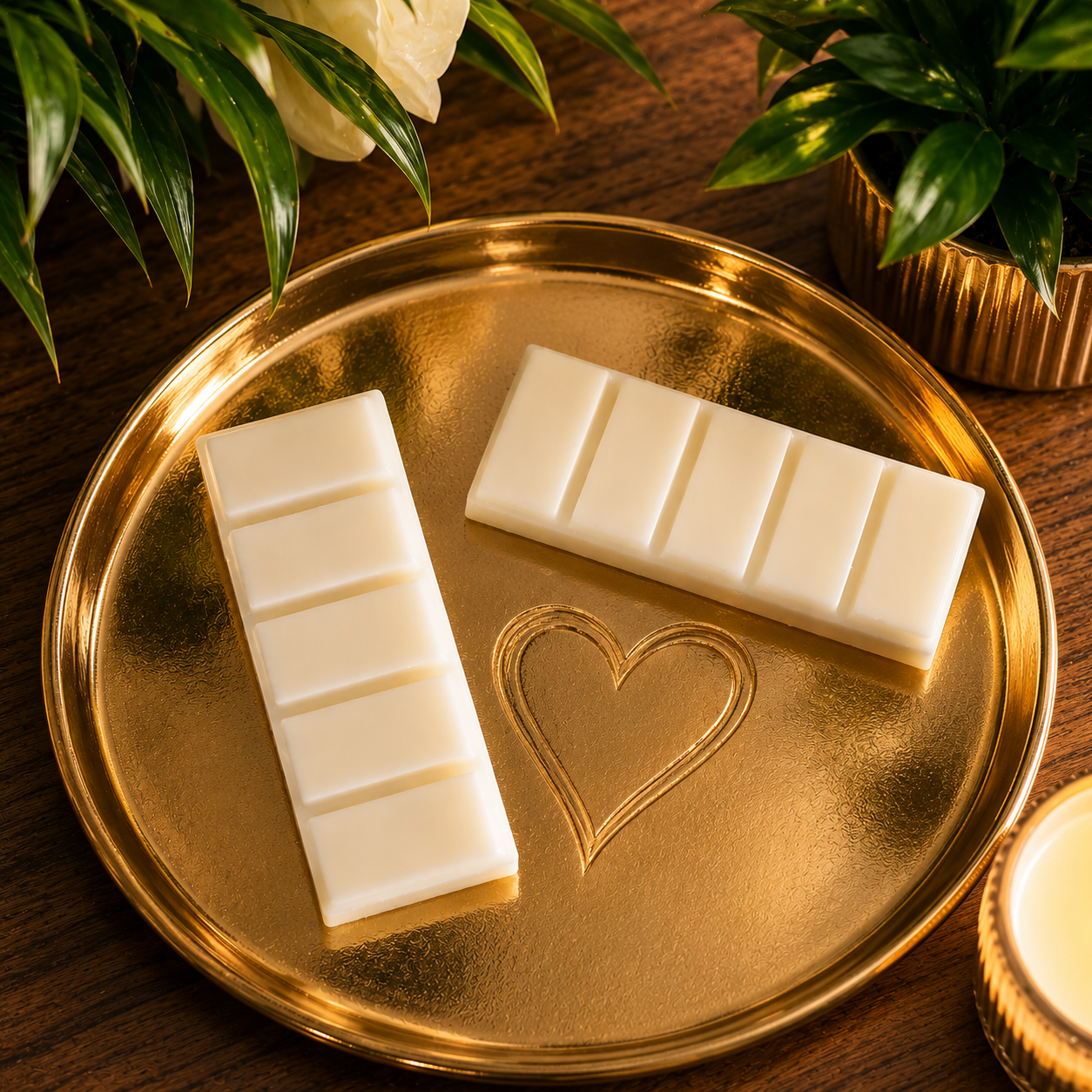 White chocolate bars on a gold tray with a heart shape outlined in gold at the center, surrounded by green plants.