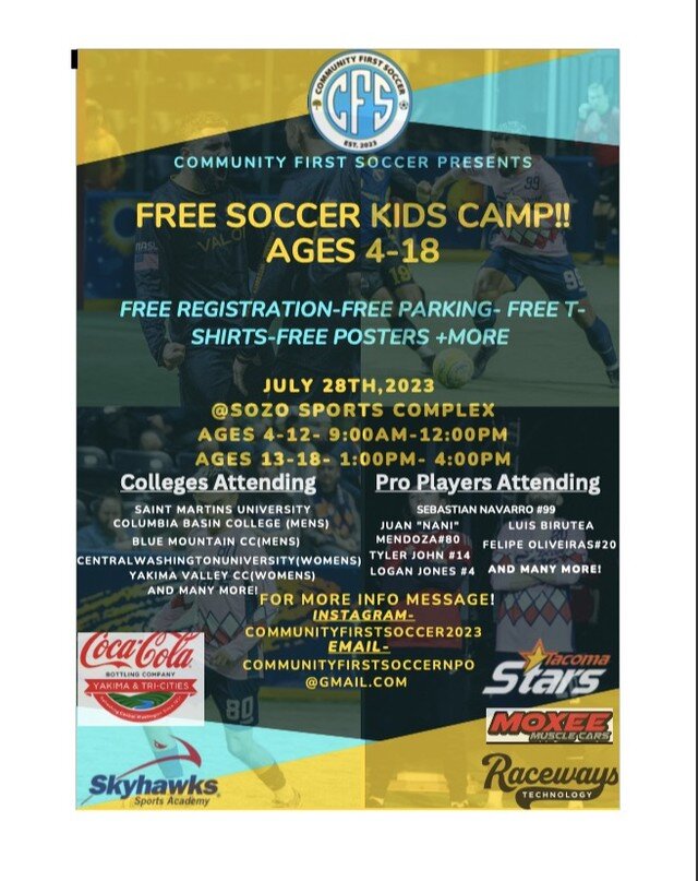 FREE SOCCER CAMP IN YAKIMA, WA! ⚽ Come play with Professional Soccer players and College Coaches on July 28th, @sozo_sports!! Message @sebasnavarro141414 or @10vanirod for more information!