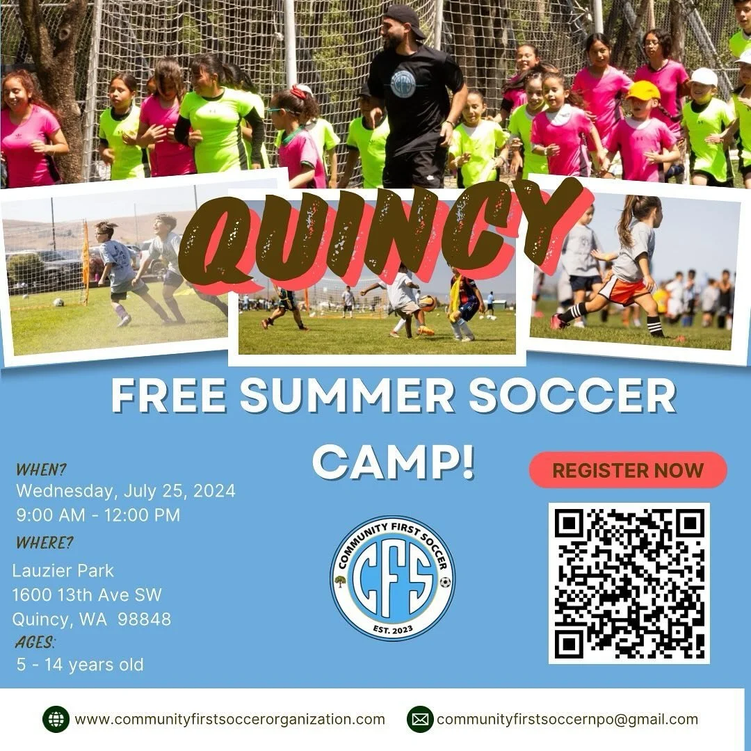 We are excited to be hosting a FREE kids camp in Quincy, WA! We will be hosting this event at Laurzier park on July 25th‼️Our drills will be put together by professional soccer players to give the kids of Quincy a one of a kind experience⚽️

Visit ou
