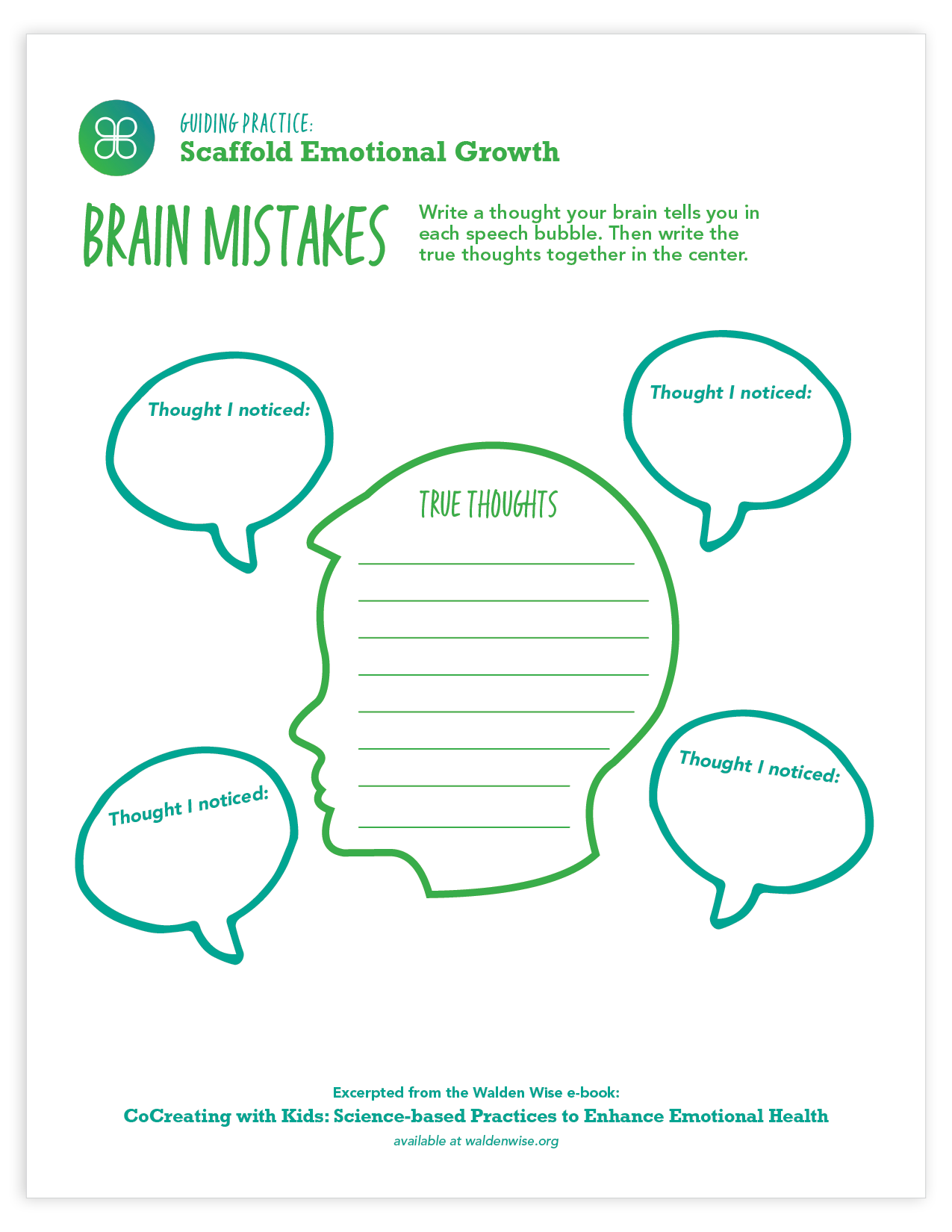 Brain Mistakes free printable worksheet showing thought bubbles and true thoughts — emotional regulation activity for kids from Walden Wise