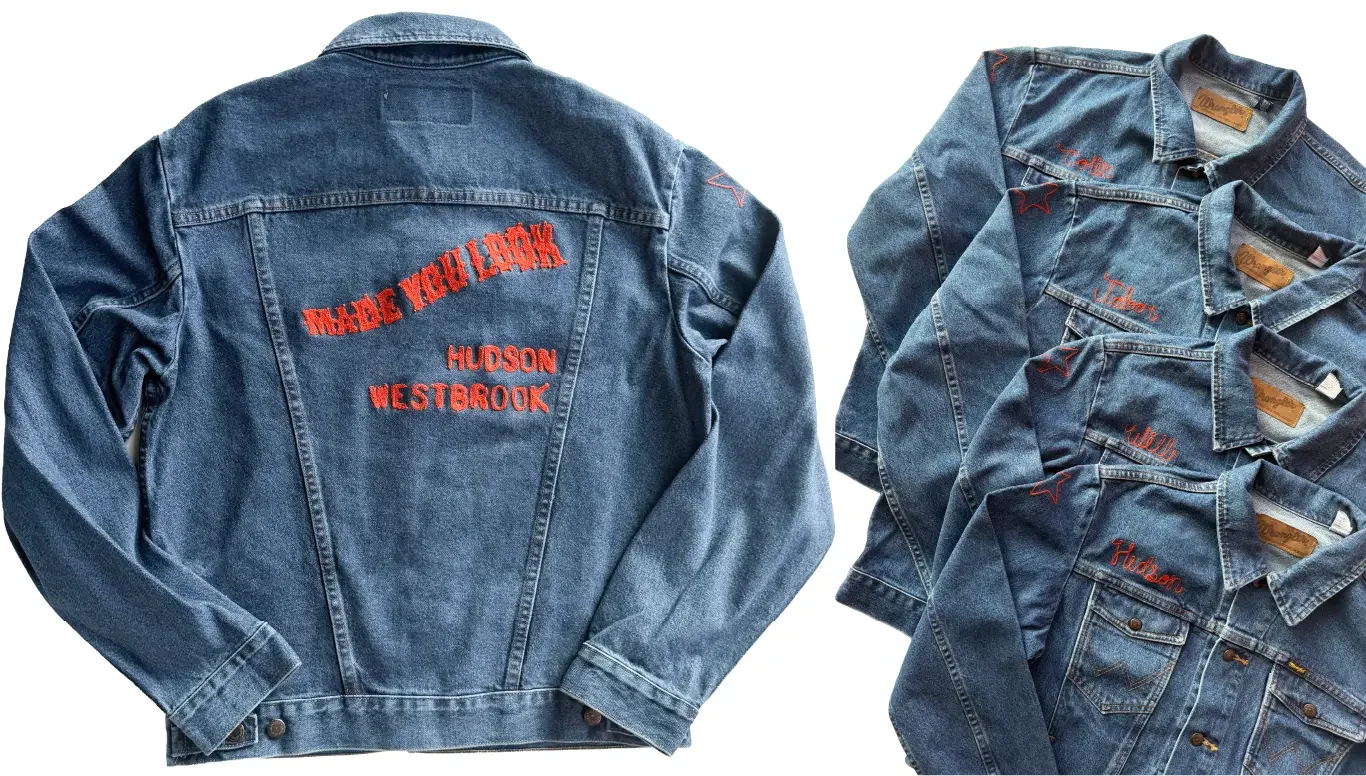 Custom chainstitch embroidery for Hudson Westbrook on wrangler denim jackets.