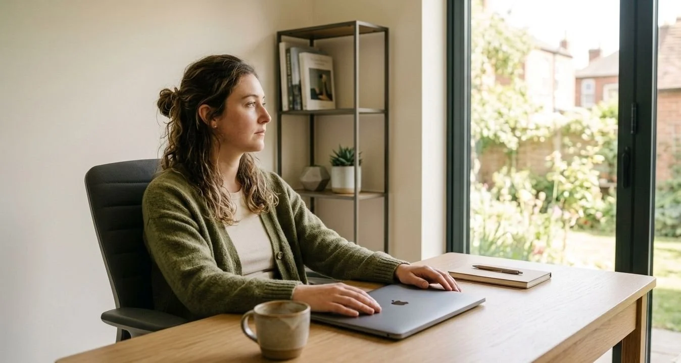 A young, professional woman in a peaceful home office, staring with a blank expression towards her office window