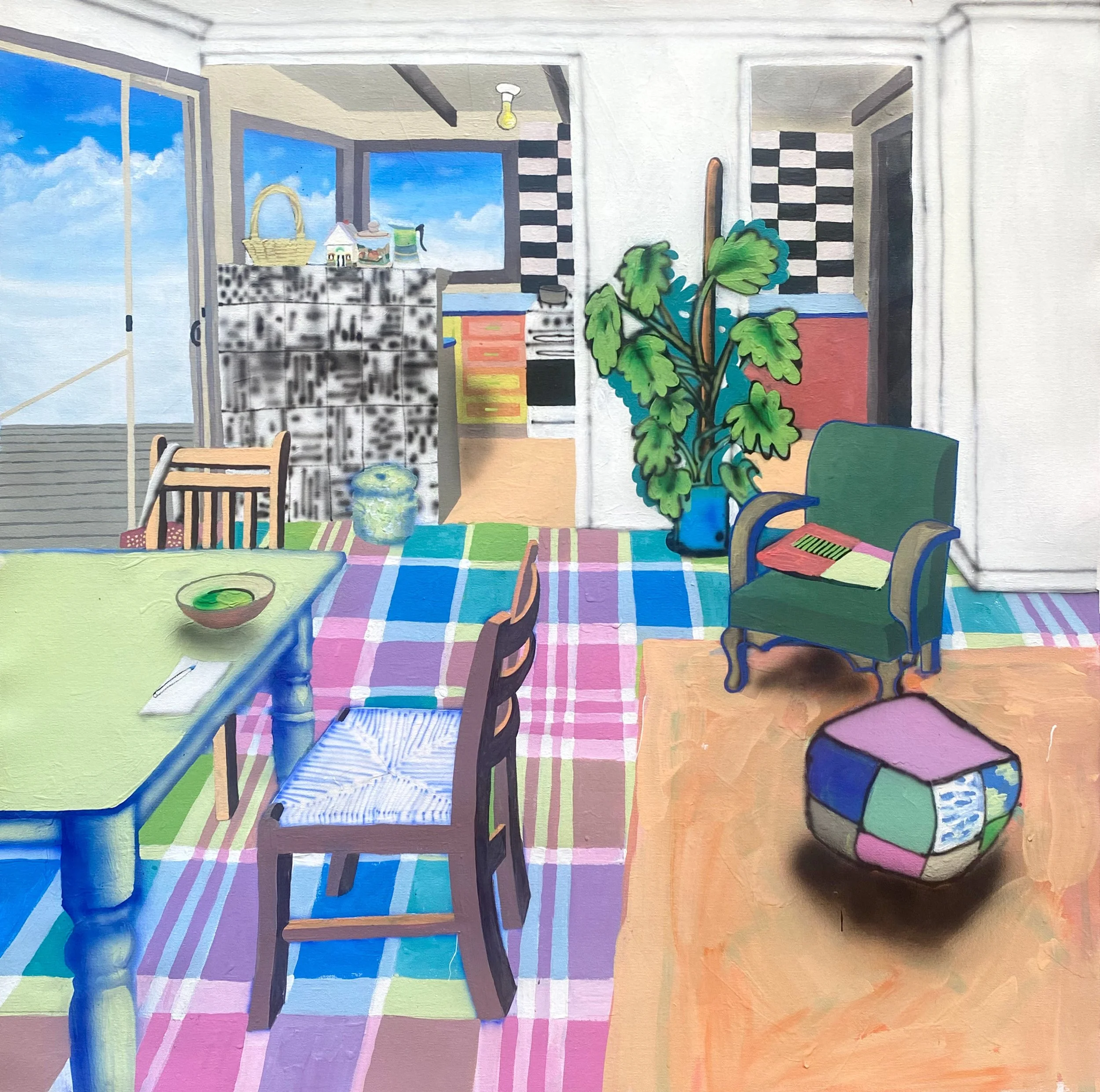 "Happy Cooking Vol.1", Acrylic and airbrush on Canvas, 970 x 970 cm, 2023. From Northern Exposure 8 at Glasshouse Regional Gallery in Port Macquarie. This painting is a dream scape of a common image. It’s about coming to terms with a new place. An ex