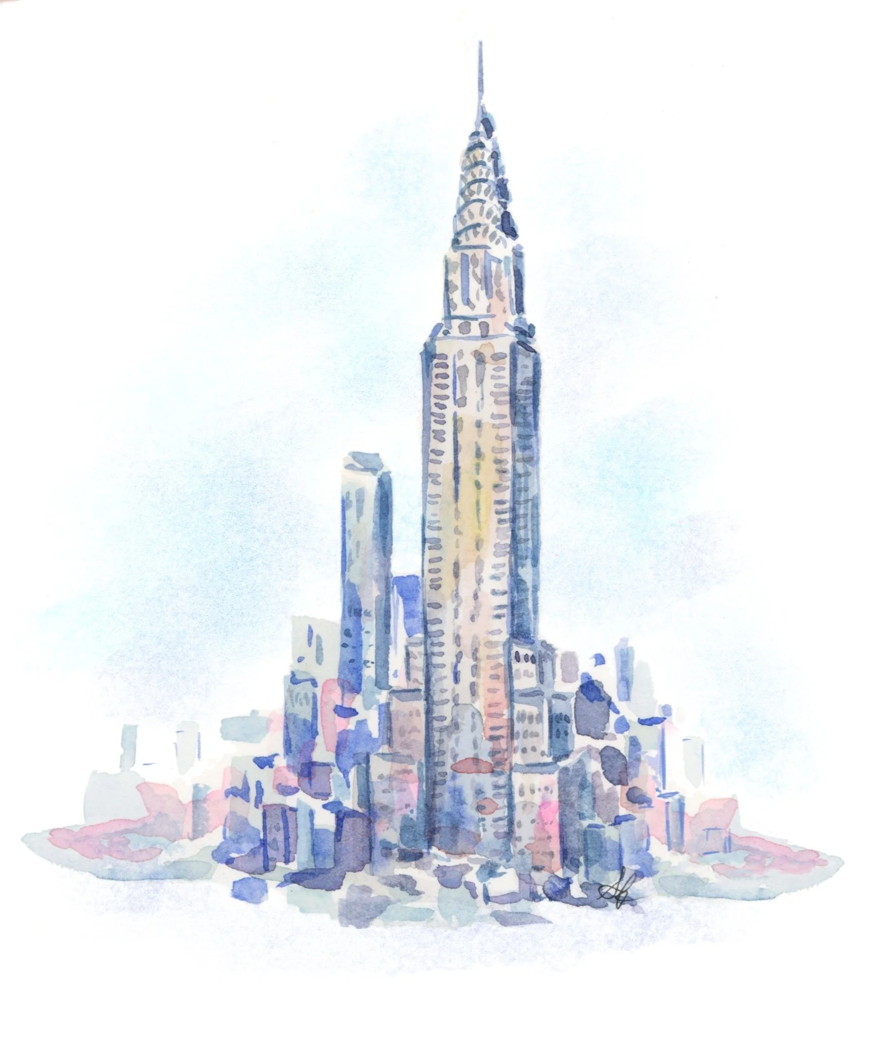 Watercolor painting of the Empire State Building in New York City, surrounded by other skyscrapers. Used in live event guest watercolor illustrations for weddings and events in New York City.