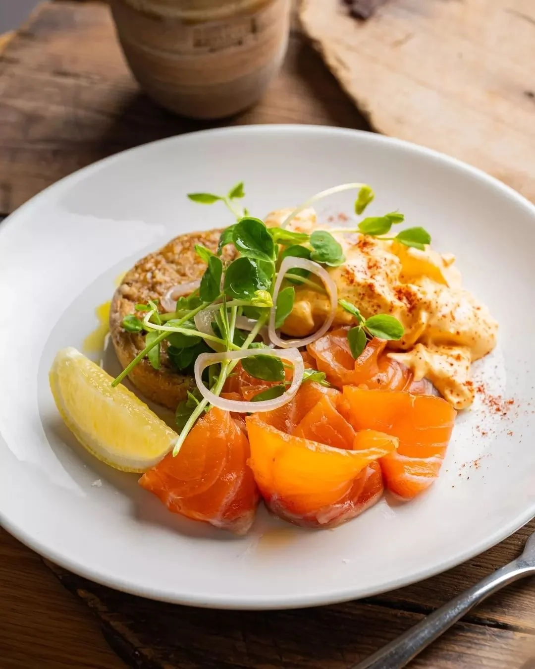 Your next breakfast with us:&nbsp;House smoked salmon, crumpet, devilled eggs, and pickled shallots.