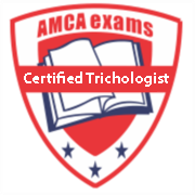 Badge with red border and shield shape, featuring open book, AMCA Exams at top, and 'Certified Trichologist' in the center.