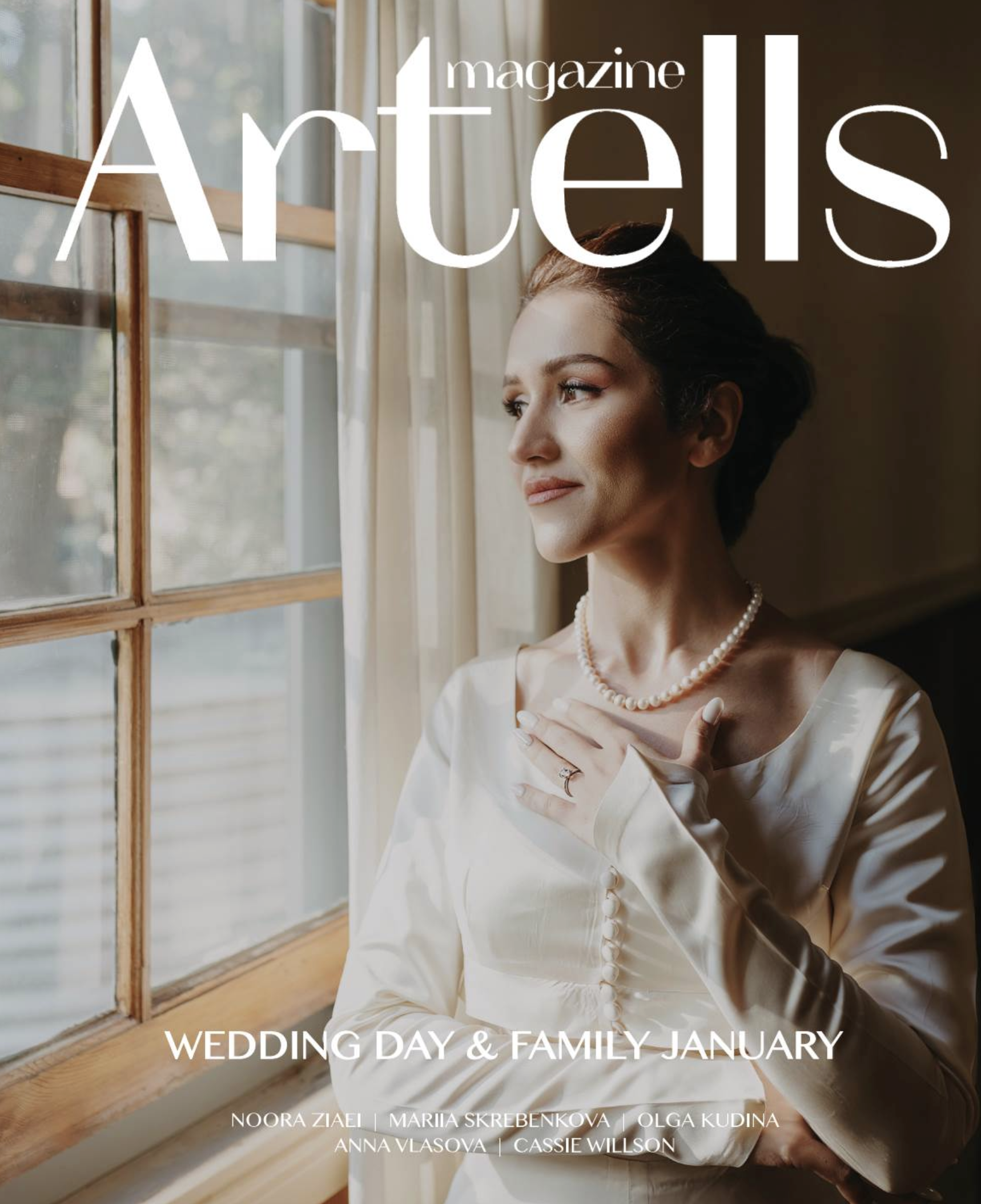 Cover of a magazine featuring a woman with short brown hair wearing a pearl necklace and a white dress, standing by a window with white curtains, with a blurred outdoor background.