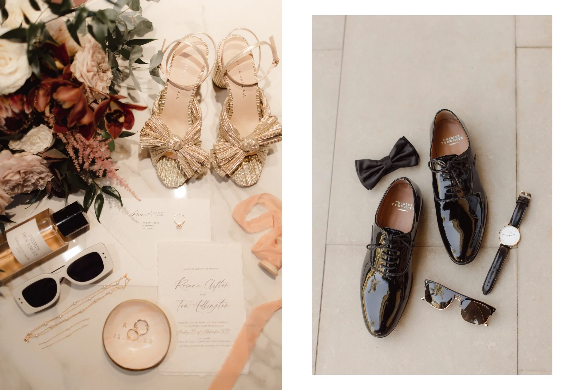 Flat lay of wedding accessories including gold shoes with bows, black shoes, a bow tie, wristwatch, sunglasses, jewelry, perfume, and flowers.
