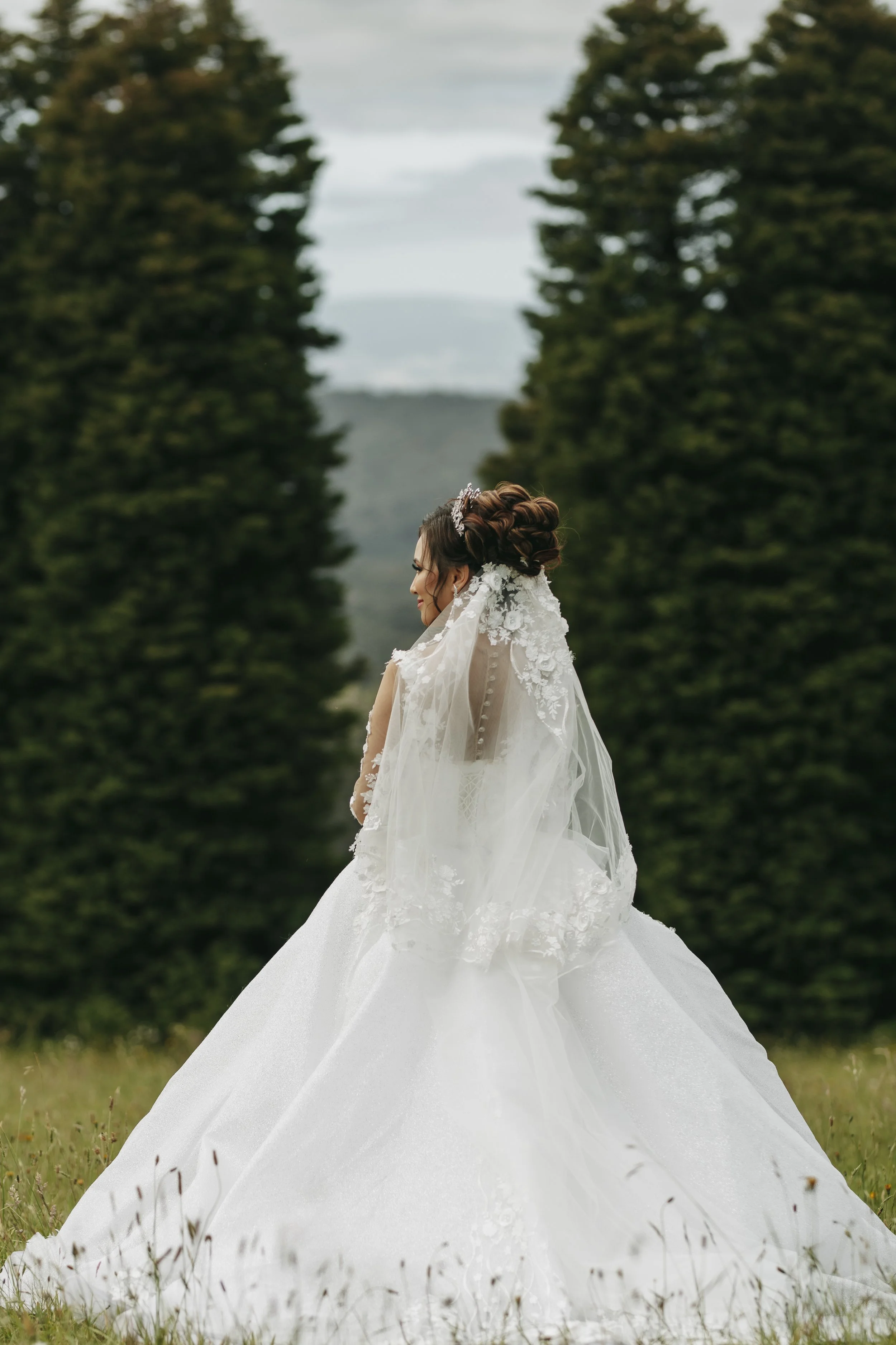 A bride in a white wedding gown with lace details, standing outdoors among green trees, with her hair styled in an elegant updo and wearing a veil.
