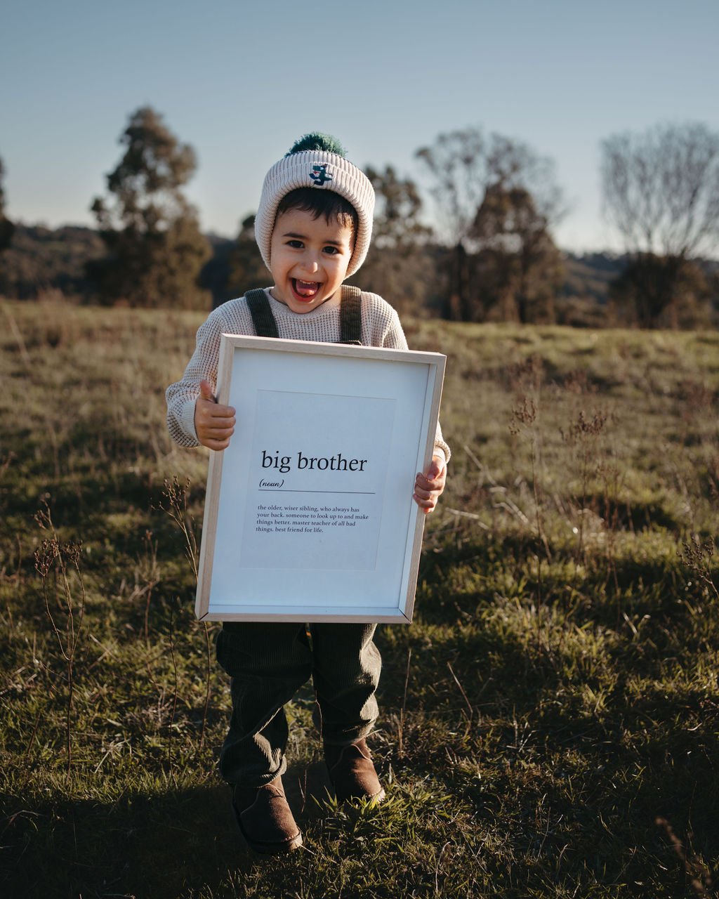 A happy young boy standing outdoors in a grassy field, holding a framed sign that reads 'big brother' with a definition, in a rural area with trees and hills in the background.