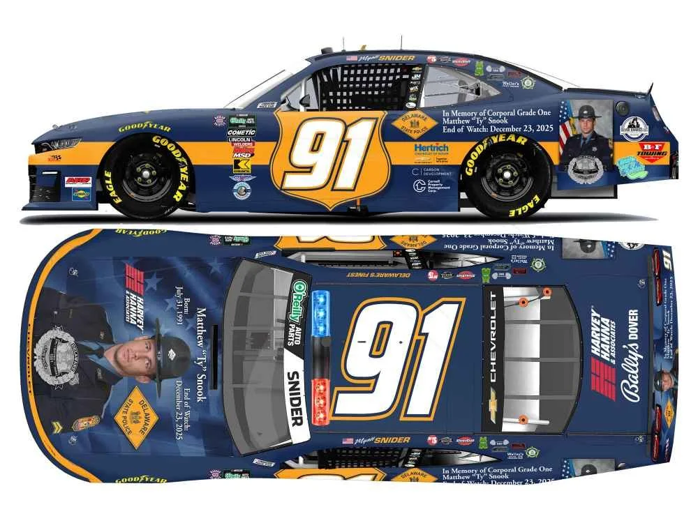 ($70.00) *Preorder* Myatt Snider 2026 Delaware State Police Honoring Ty Snook 1:24 Nascar Diecast - O'Reilly Auto Parts Series