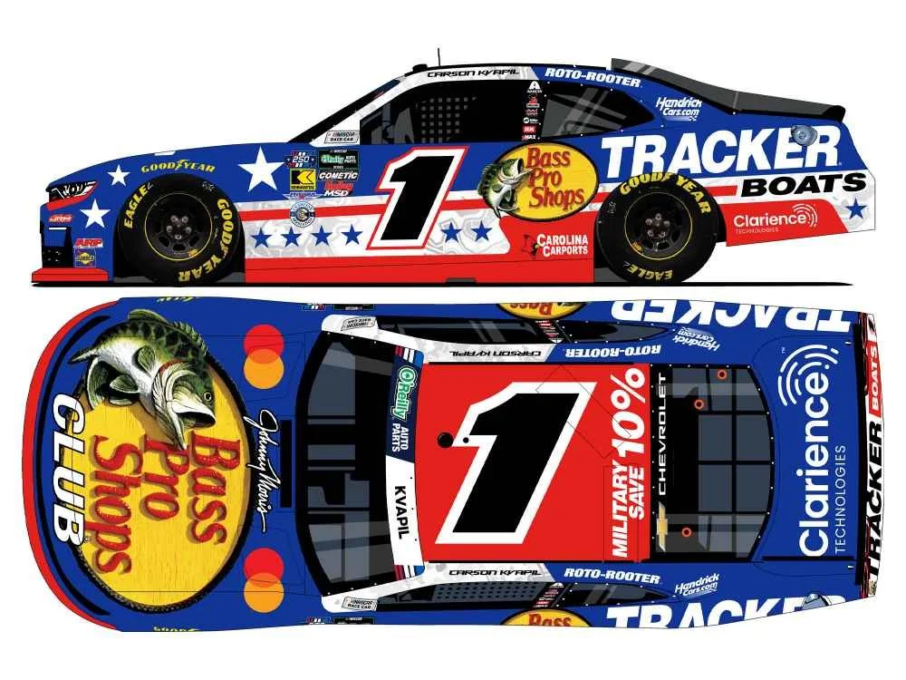 ($70.00) *Preorder* Carson Kvapil 2026 Bass Pro Shops/Tracker Boats Patriotic 1:24 Nascar Diecast - O'Reilly Auto Parts Series