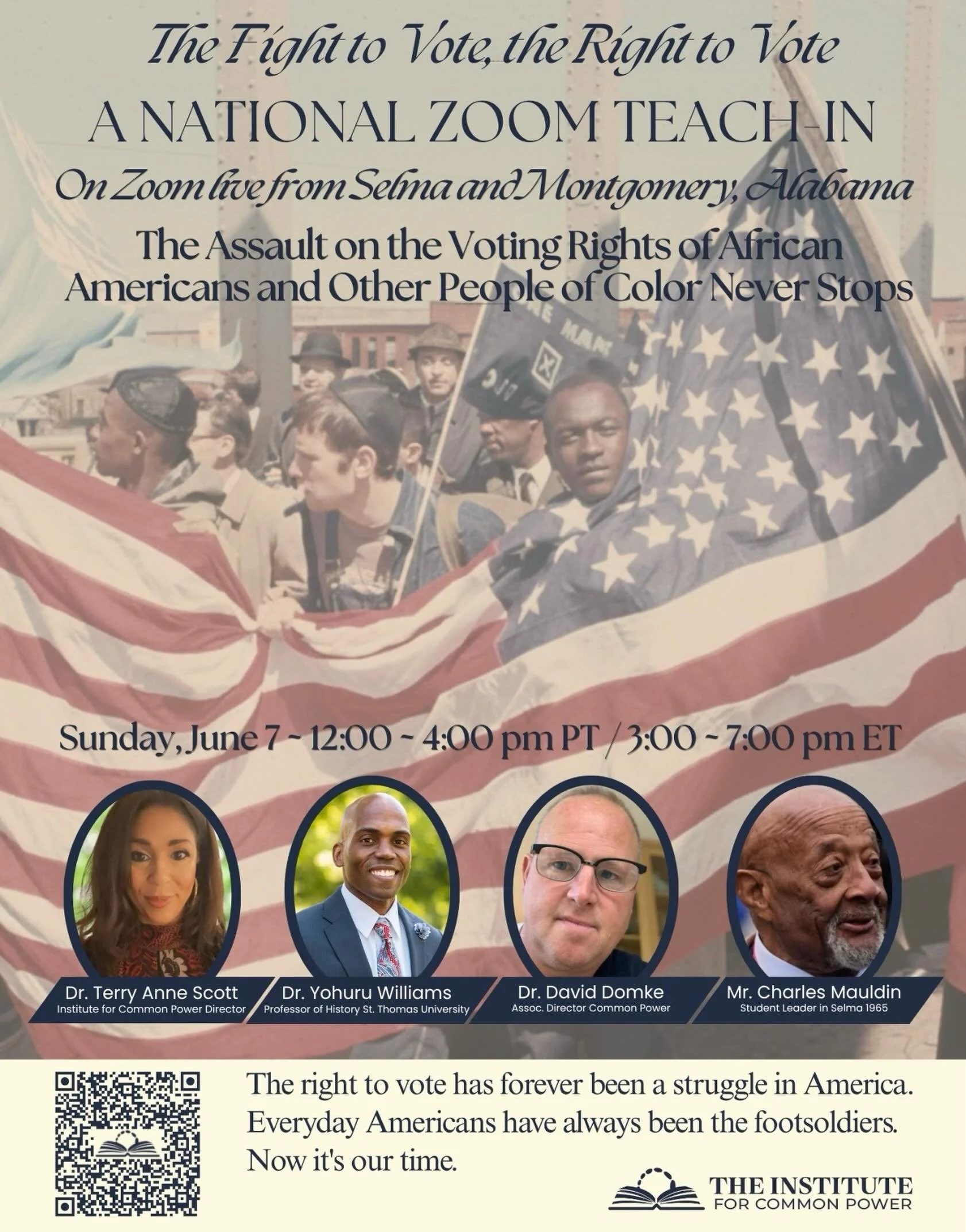 The right to vote has forever been a struggle in America. Everyday Americans have always been the footsoldiers. Now it&rsquo;s our time.
LIVE ON THE GROUND IN SELMA + MONTGOMERY, AL
Sunday, June 7, 2026
Join us on Zoom!

The Institute for Common Powe