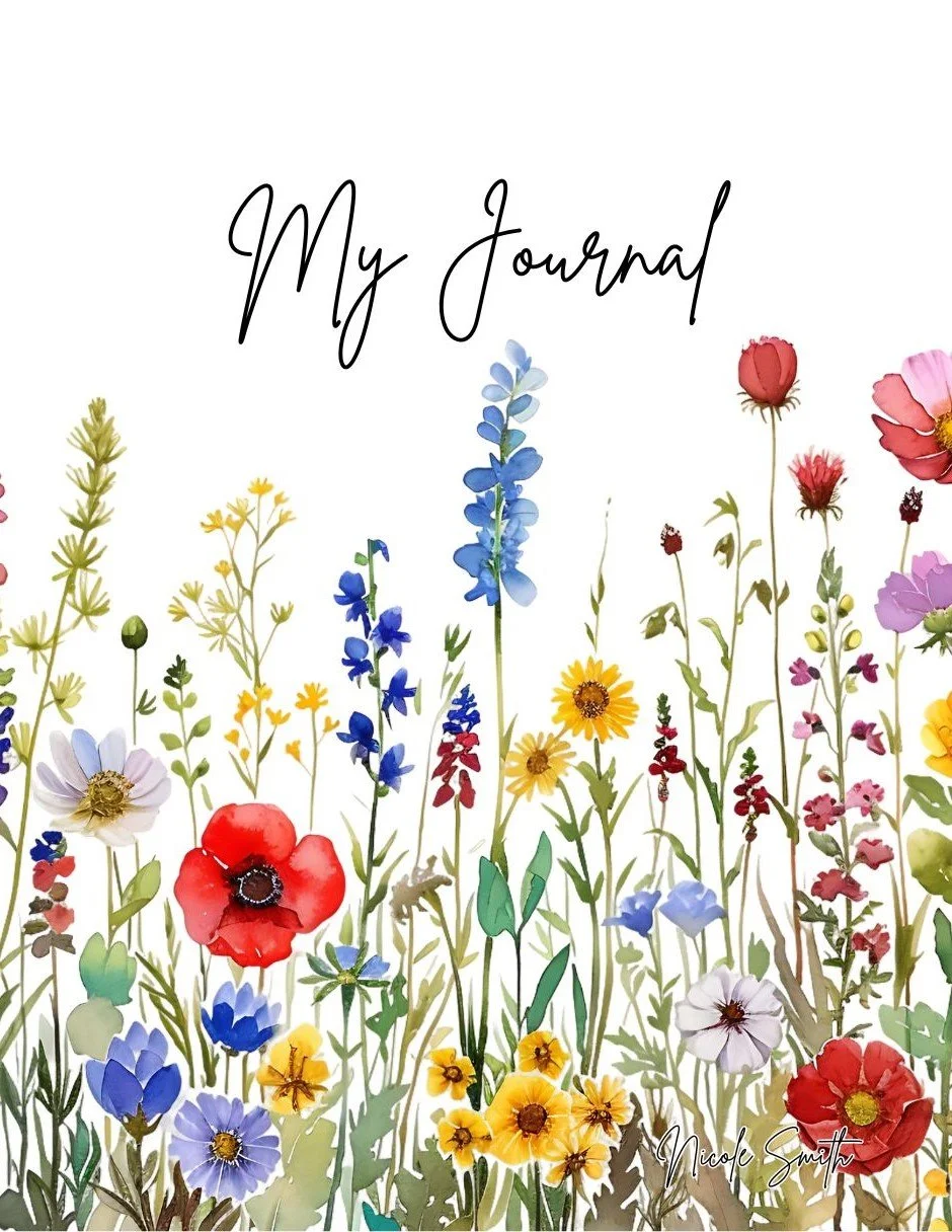 Cover page of a journal with the title 'My Journal' in black cursive text and a background of various colorful illustrated wildflowers, including poppies, daisies, and other garden flowers, at the bottom. The name 'Nicole Smith' is written in in the lower right corner.