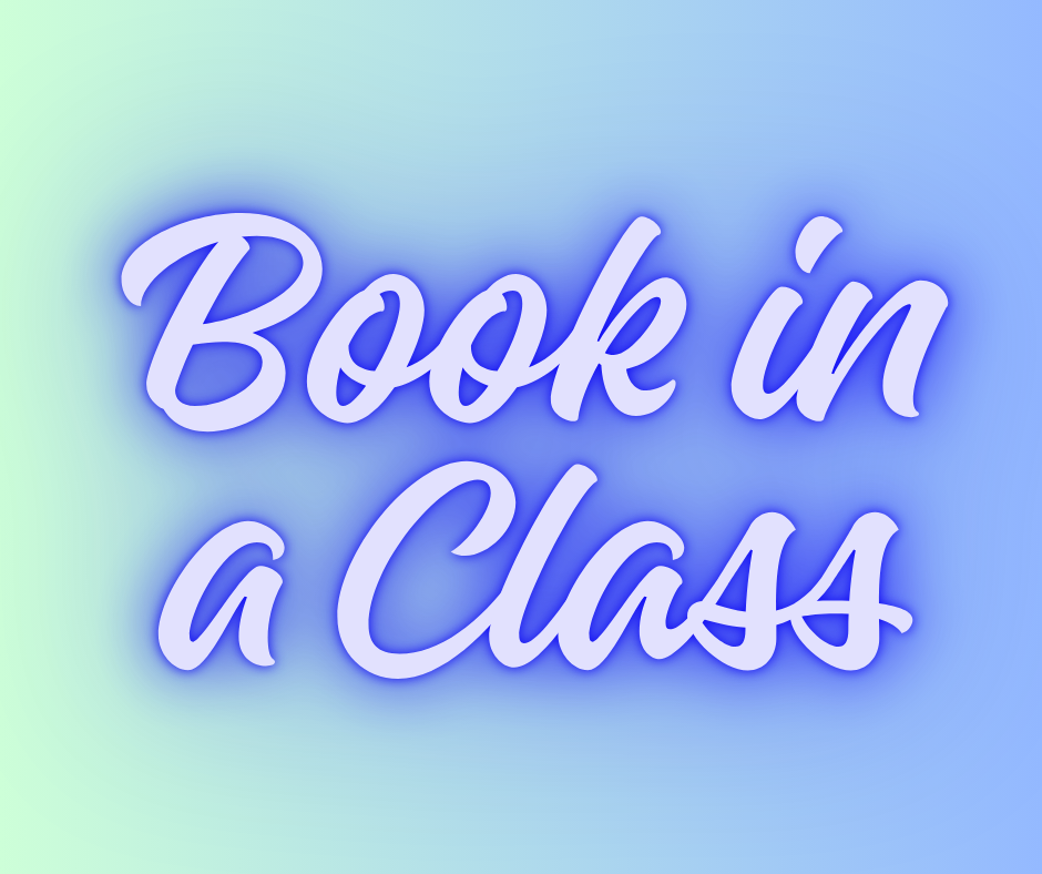 Text that reads 'Book in a Class' in a neon-style font on a soft, gradient blue background.