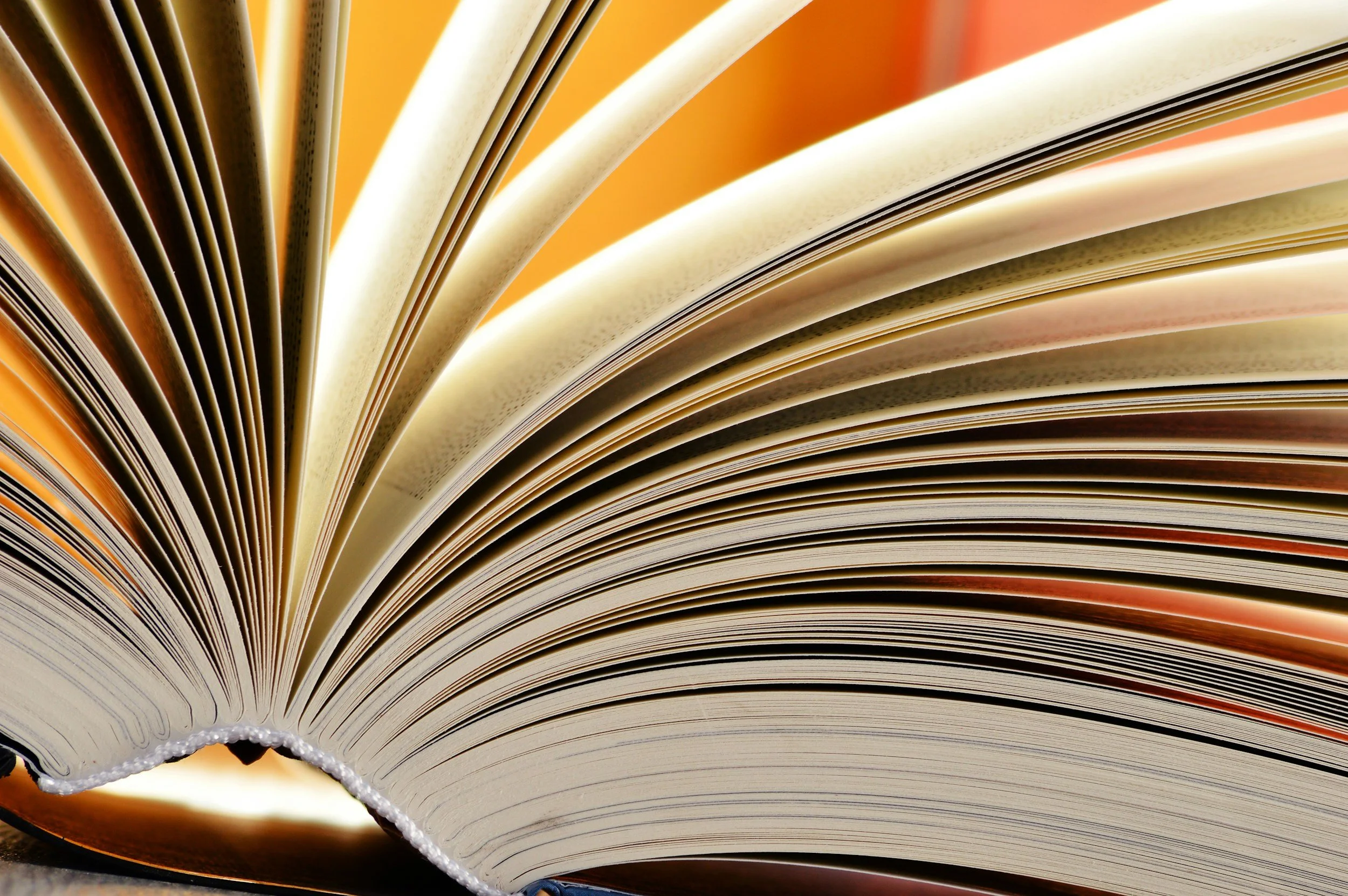 Close-up of an open book's pages with warm, glowing lighting.