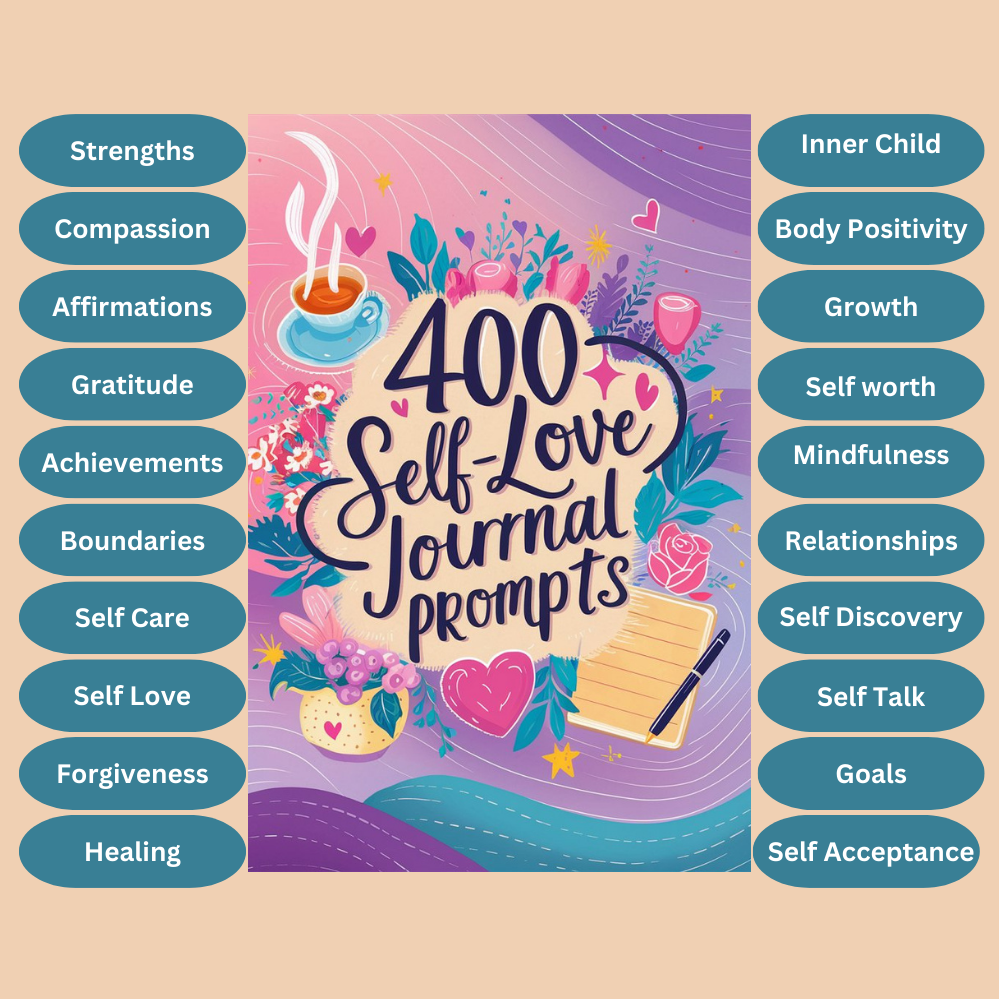 self-love journal with prompts,  including strengths, compassion, affirmations, gratitude, achievements, boundaries, self-care, self-love, forgiveness, healing, inner child, body positivity, growth, self-worth, mindfulness, relationships, self-discovery, self-talk, goals, and self-acceptance.