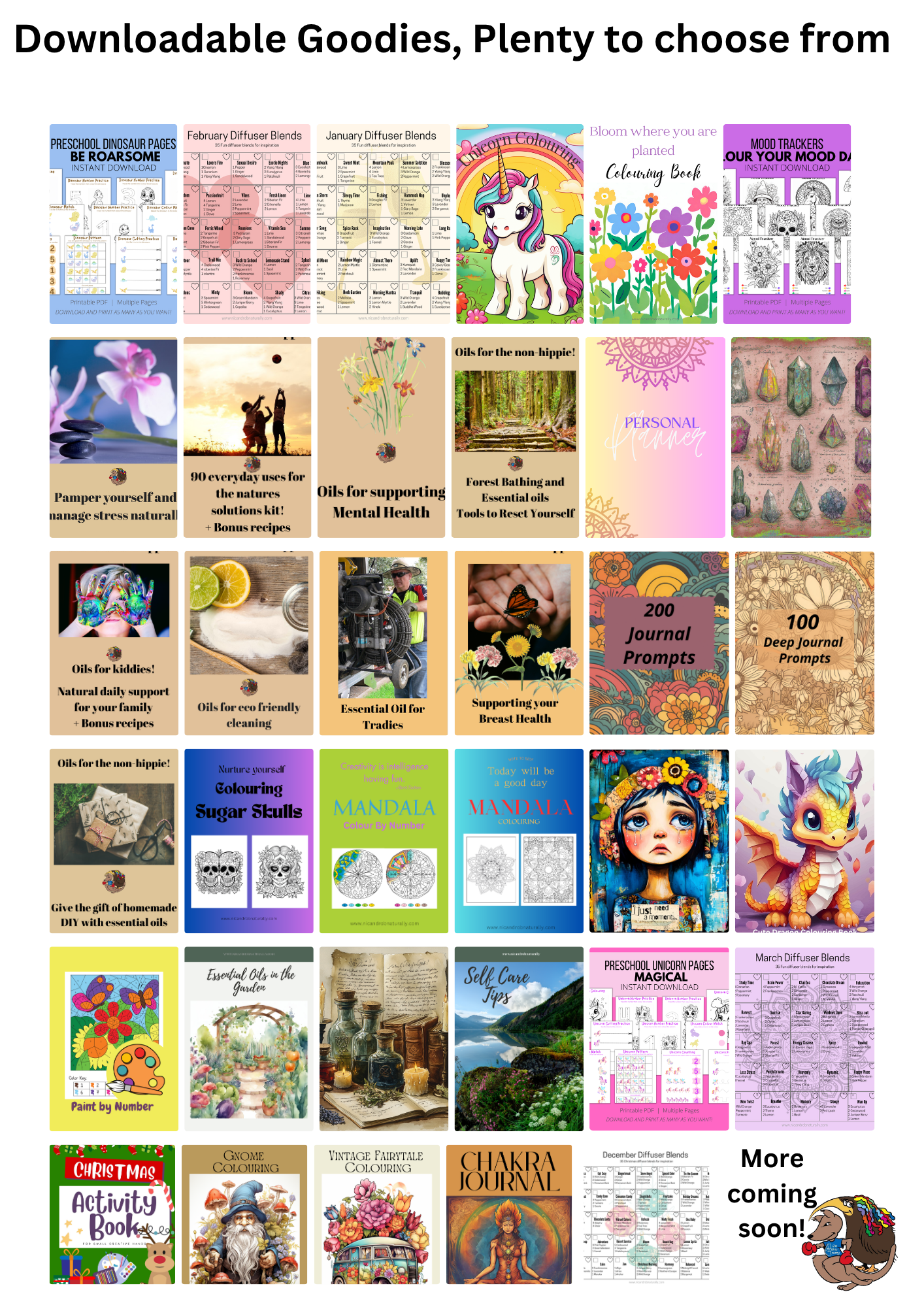 A variety of downloadable coloring and activity books, including unicorn coloring books, diffuser blends guides, mental health oils, mandala coloring pages, and holiday activity books, arranged in a collage format.