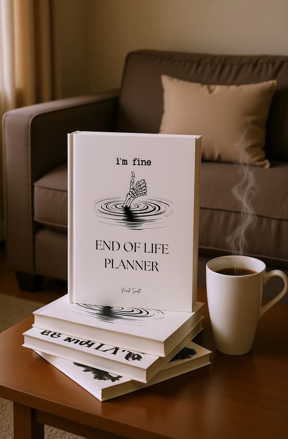 A stack of books with a title that reads 'End of Life Planner' on a table in a cozy room. A cup of steaming coffee sit next to the books, with a beige sofa and pillow in the background.