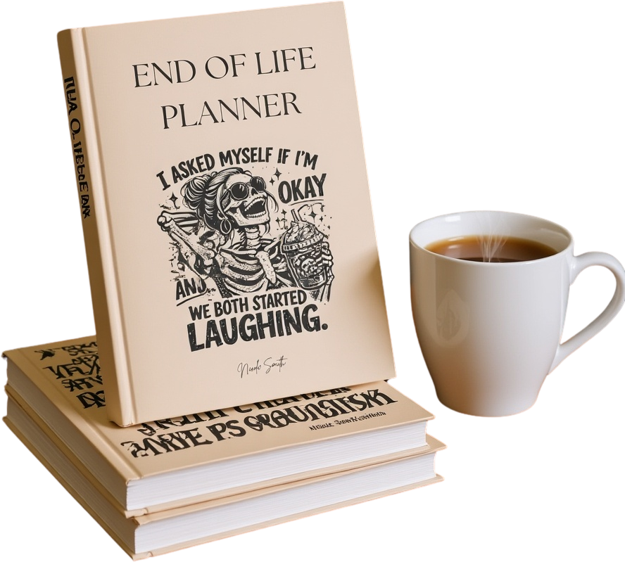 A white planner about the end of life with a drawing of a skeleton woman laughing and holding a cocktail, alongside a closed book with similar design, and a white coffee mug filled with coffee on a pink background.