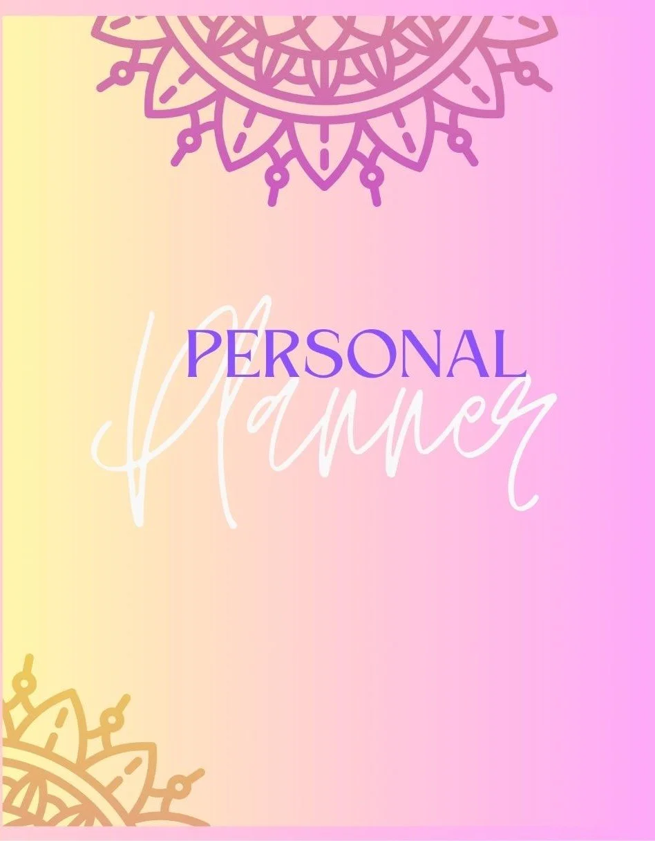 Colorful background with pastel pink, yellow, and purple gradient, decorative mandala designs in gold, and the words 'Personal Planning' in white and purple script and serif fonts.