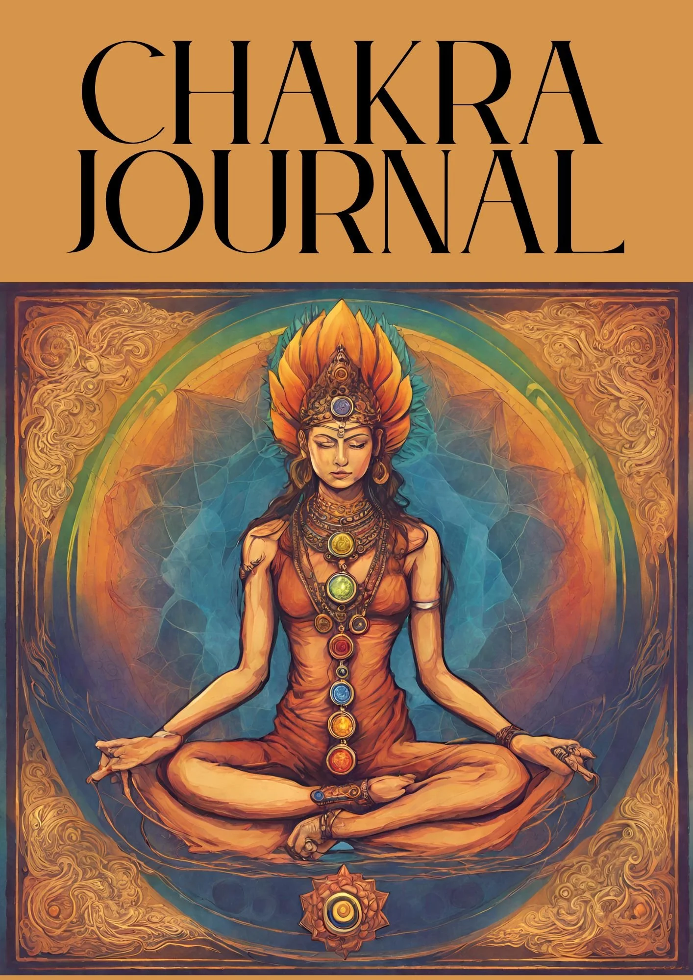 Illustration of a woman in a meditative pose with chakras aligned along her body, sitting cross-legged with closed eyes, surrounded by ornate decorative patterns and a rainbow arc in the background.