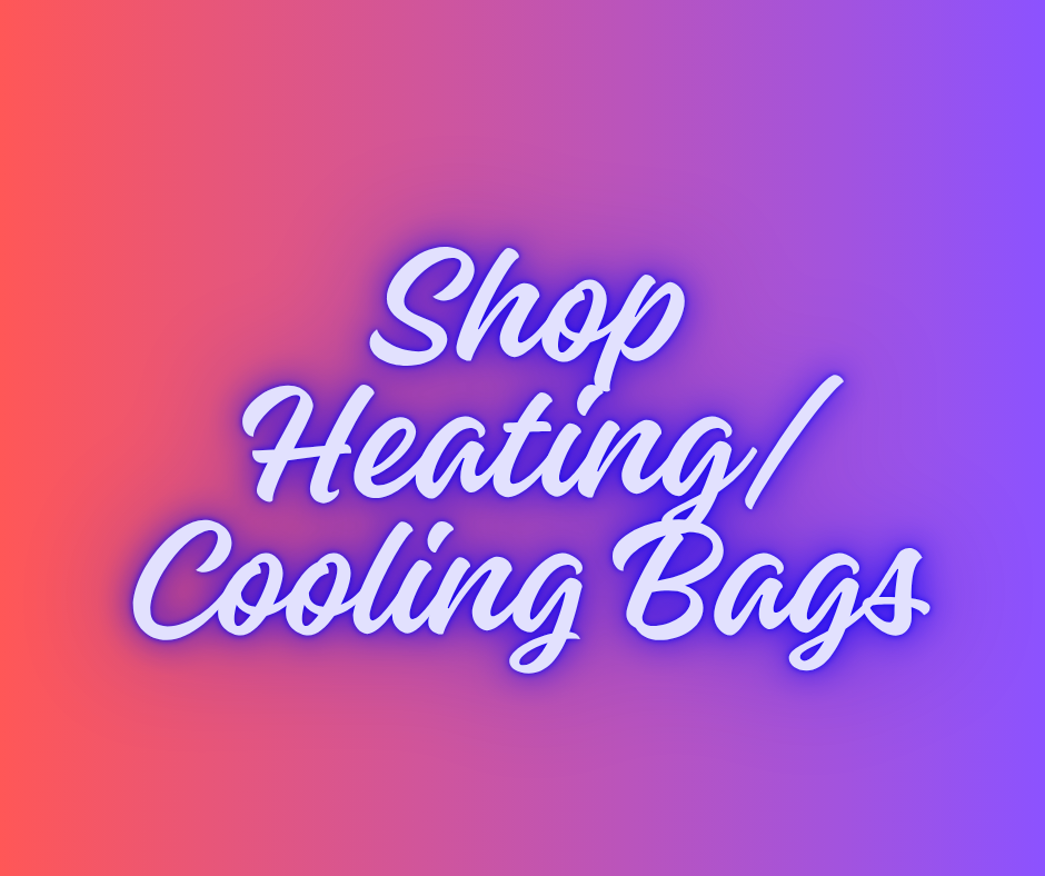 Text saying "Shop Heating / Cooling Bags" on a gradient background with pink, purple, and blue hues.
