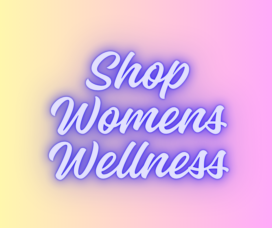 Colorful pastel gradient background with the white and blue neon sign text 'Shop Women's Wellness'.
