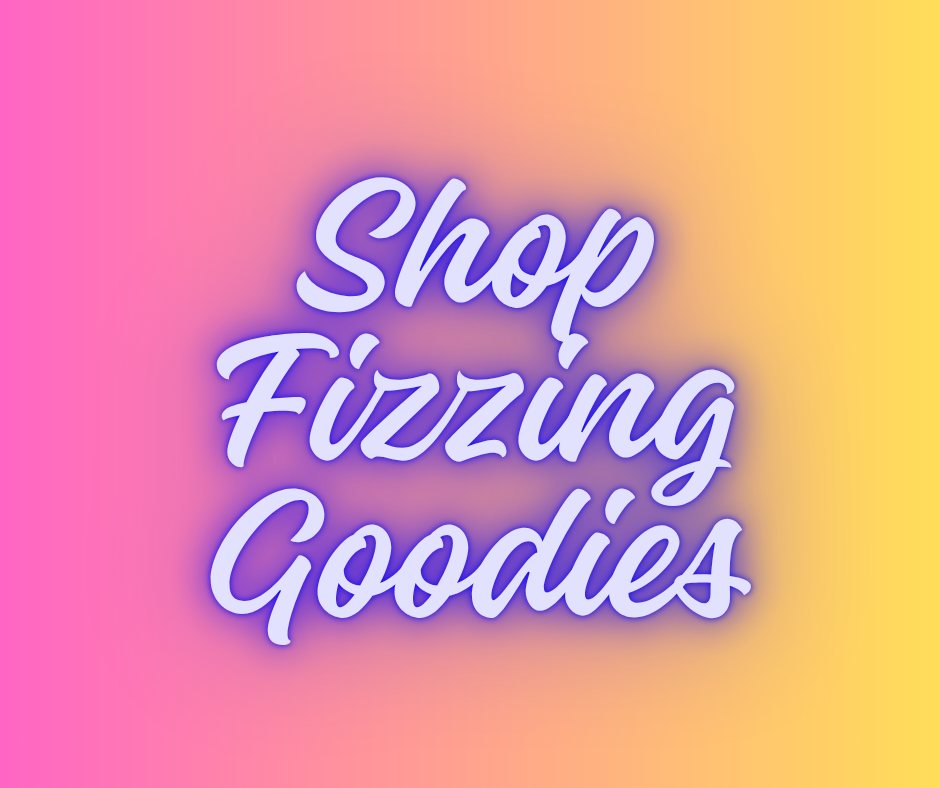 Colorful background with pink, orange, and yellow hues and neon-style text that says "Shop Fizzing Goodies."