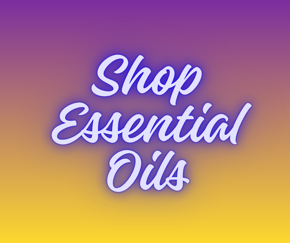 Text saying 'Shop Essential Oils' in neon-style font with purple and yellow gradient background.