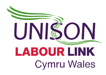 Logo for UNISON Labour Link Cymru Wales with green and purple lines forming a stylized 'S' and the words 'UNISON', 'LABOUR LINK' and 'Cymru Wales'.}